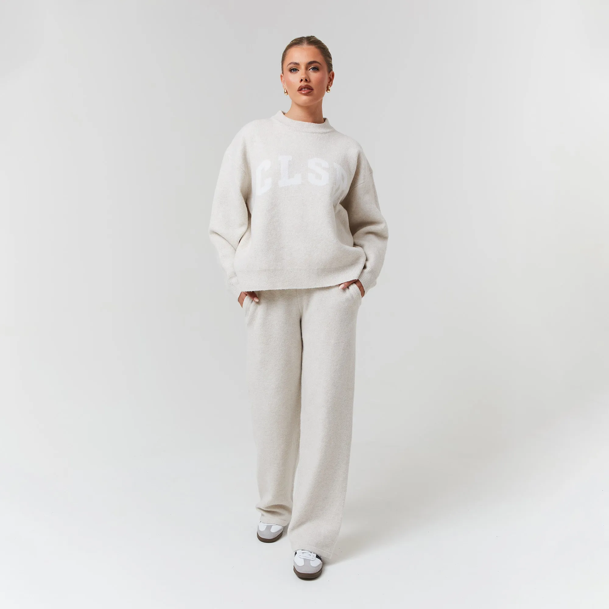 LayeredPaneling Knit Open Hem Jogger | Oatmeal