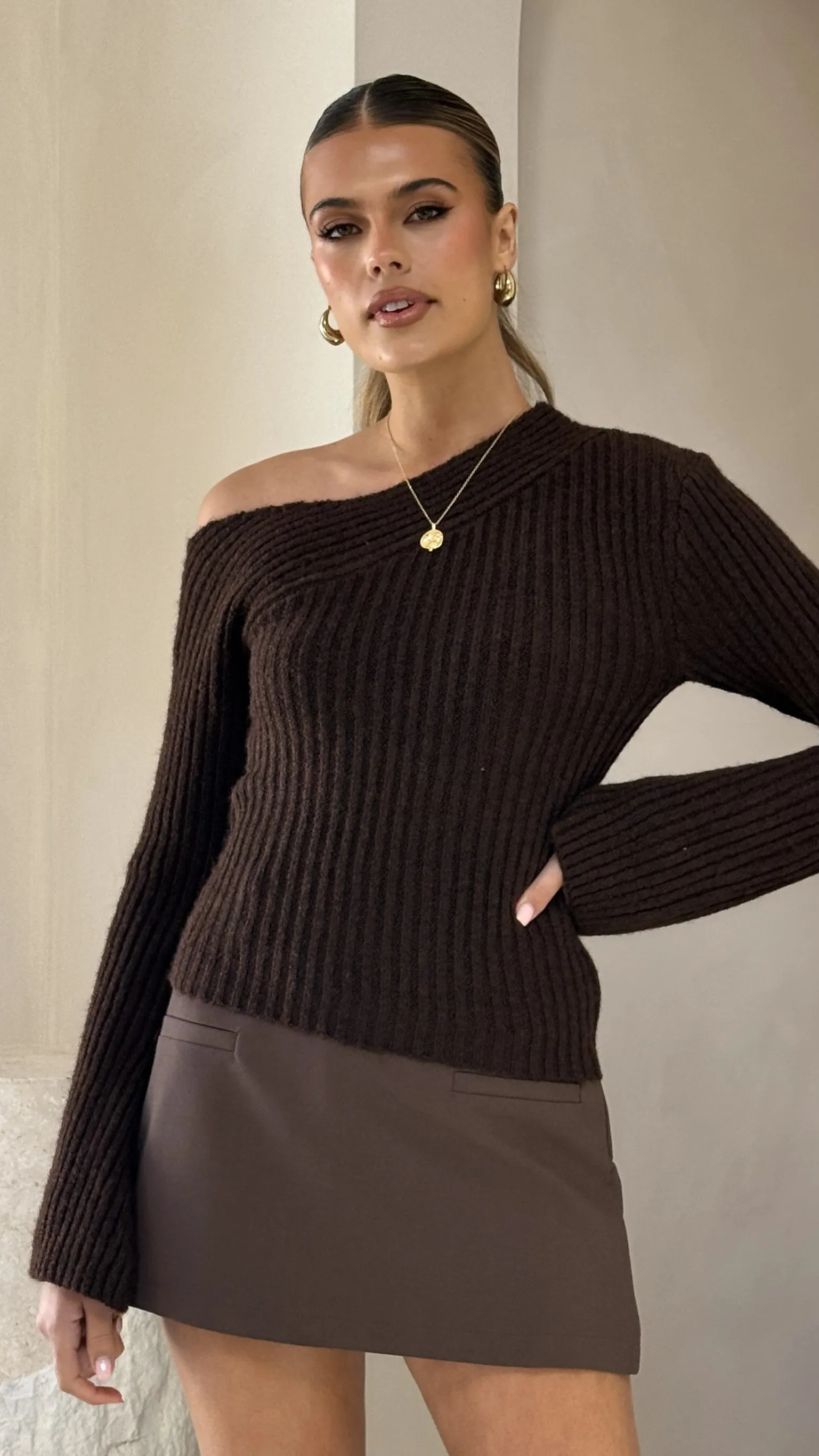 Core Style Crisp Look Ellira Long Sleeve Knit Top - Chocolate