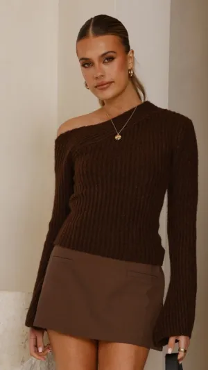 Indoor Layer Interlock Ribbed Collar Ellira Long Sleeve Knit Top - Chocolate