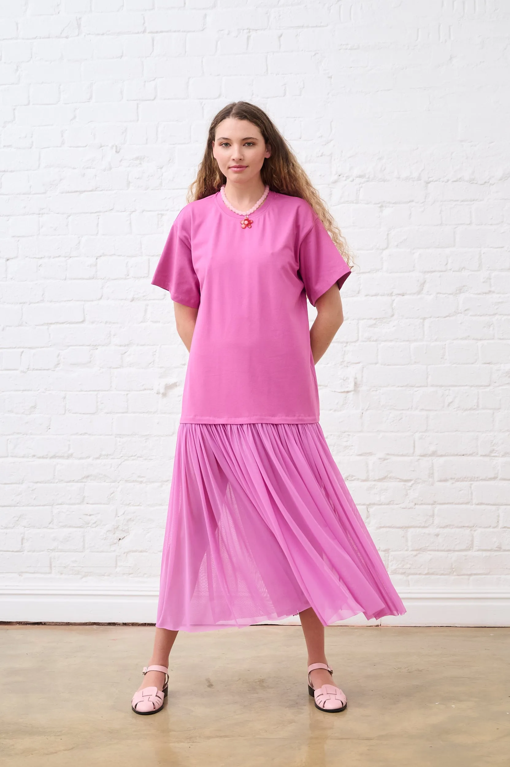Raspberry Mesh Combo Tshirt Dress Bold Movement Petal Zone