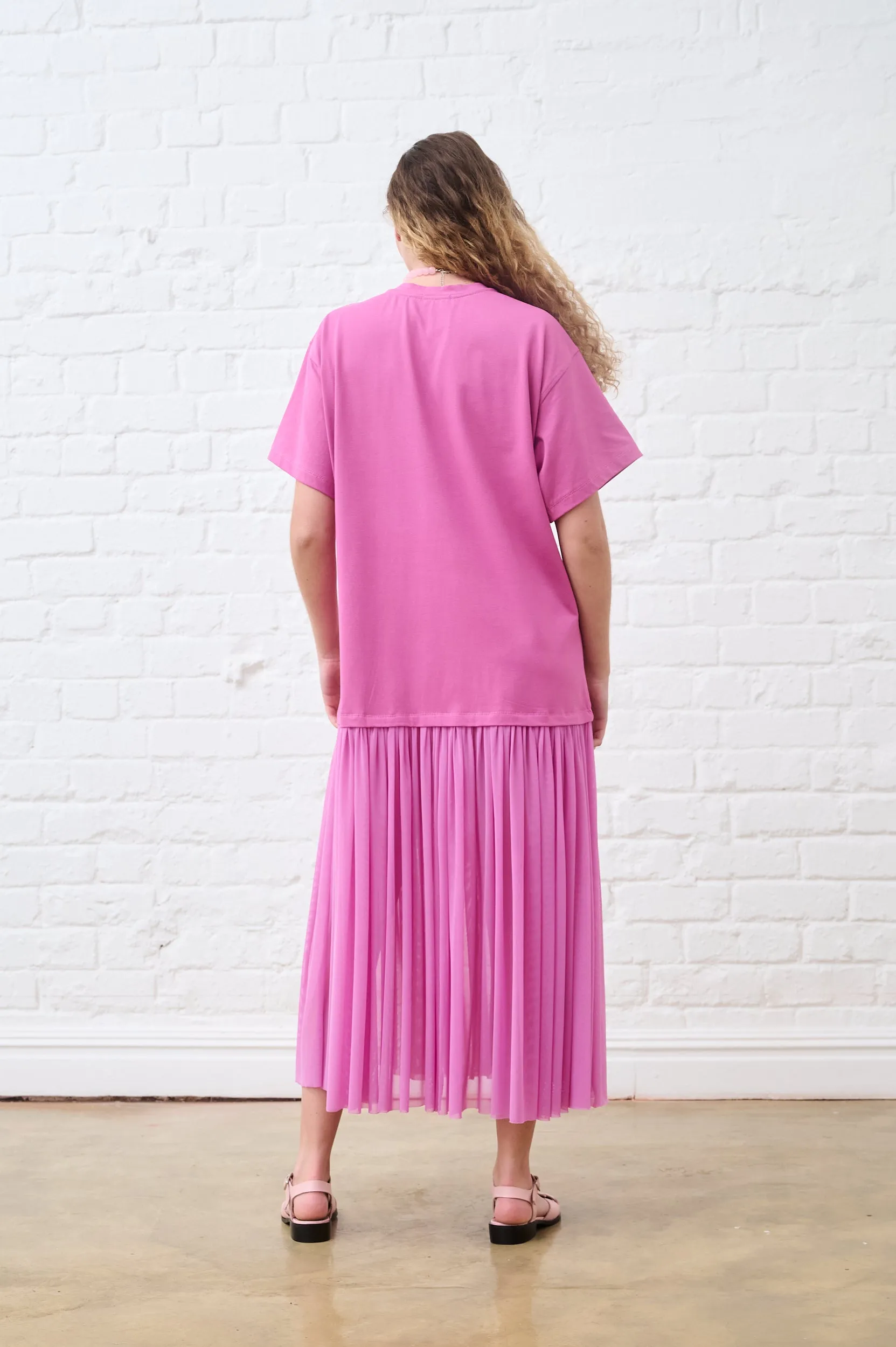 Raspberry Mesh Combo Tshirt Dress Elegant Finish