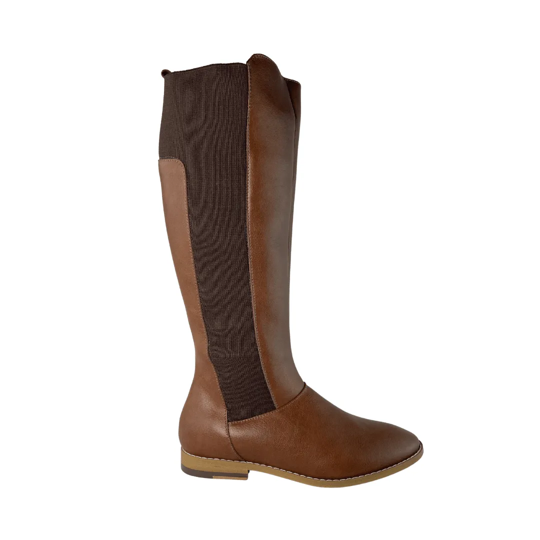 'Holly' vegan leather knee-high riding boot by Zette Shoes - cognac Weatherproof Seam