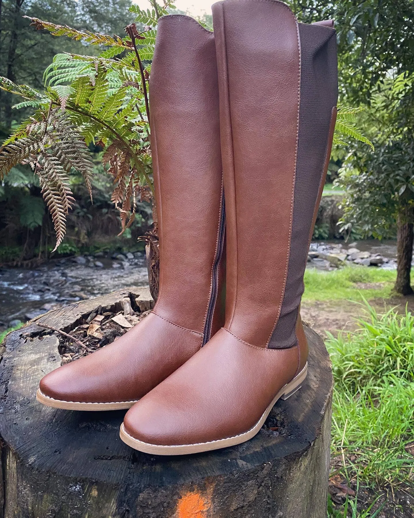 'Holly' vegan leather knee-high riding boot by Zette Shoes - cognac Seamless Stitching Adjustable Fastening