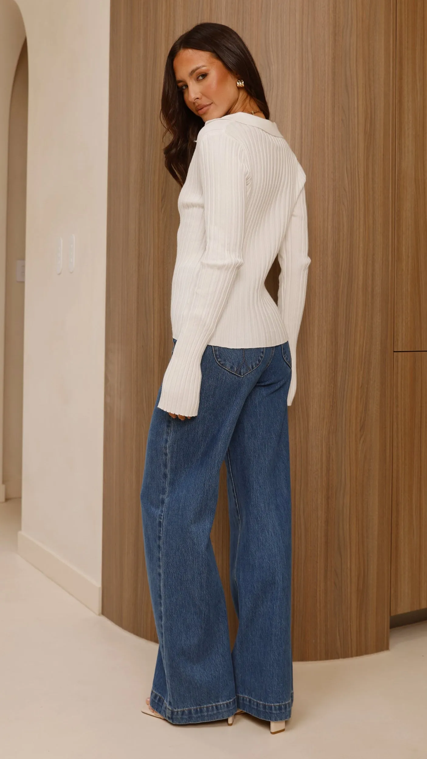 Drop Shoulder Classic Warmth Corbin Collared Knit Top - White