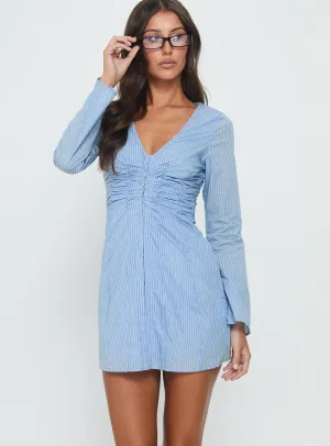 Corie Long Sleeve Corset Mini Dress Blue Stripe Sleek Waist Perfectly Tailored