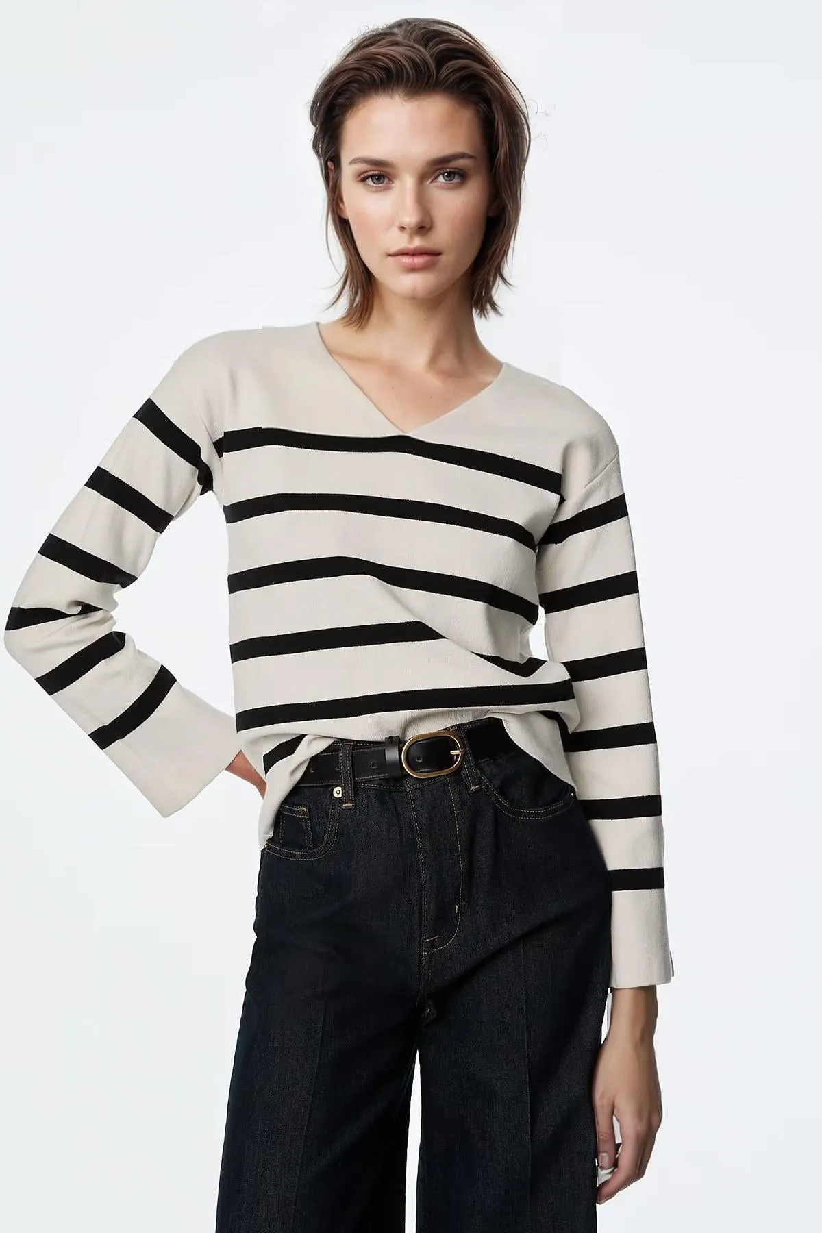 Eco Certified Fibers Cotton Rich Striped V Neck Jumper
