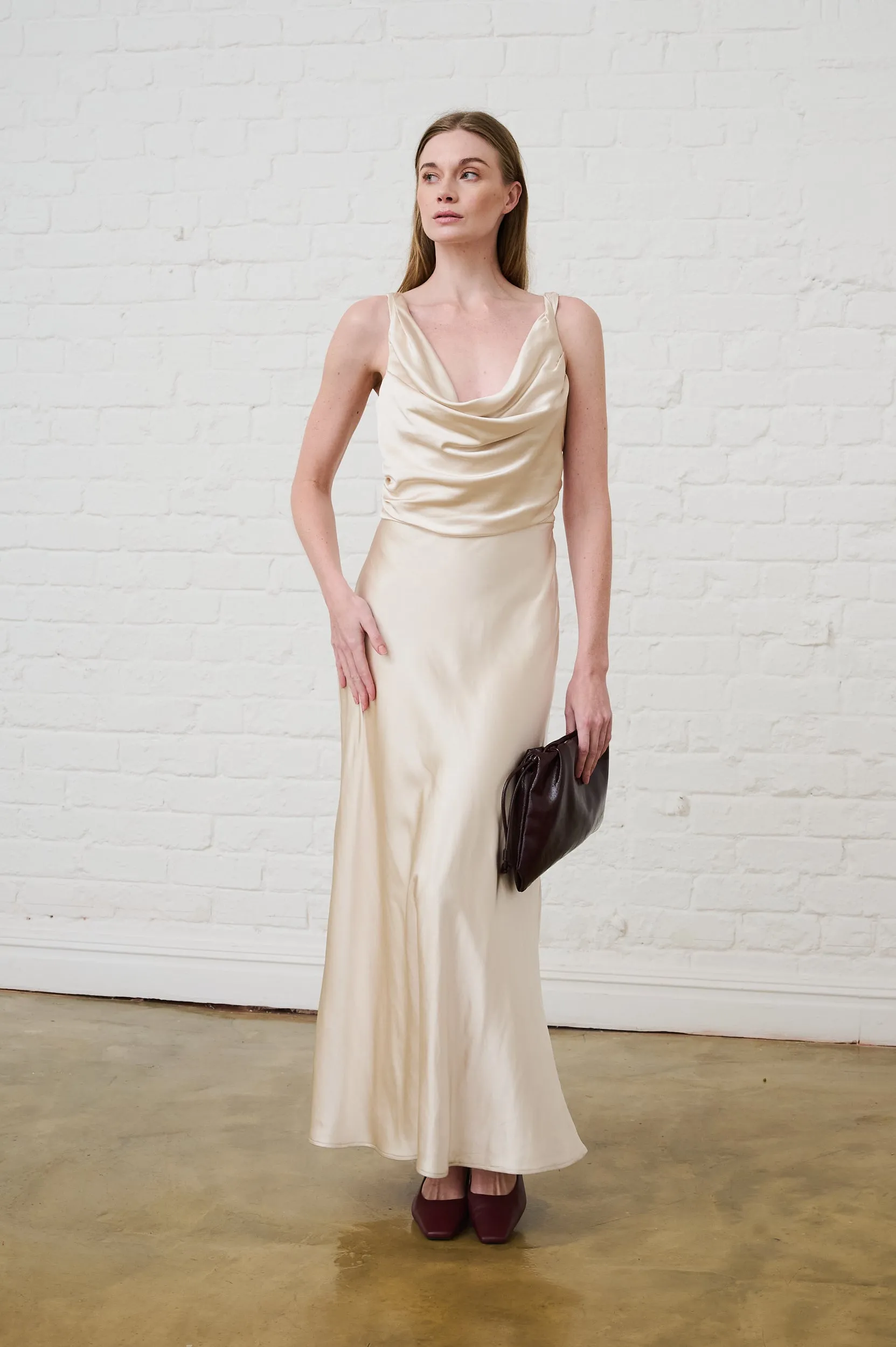 Happy Soul Chic Harmony Cowl Neck Satin Dress in Champagne
