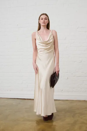 Cowl Neck Satin Dress in Champagne Subtle Drape Quiet Sweet