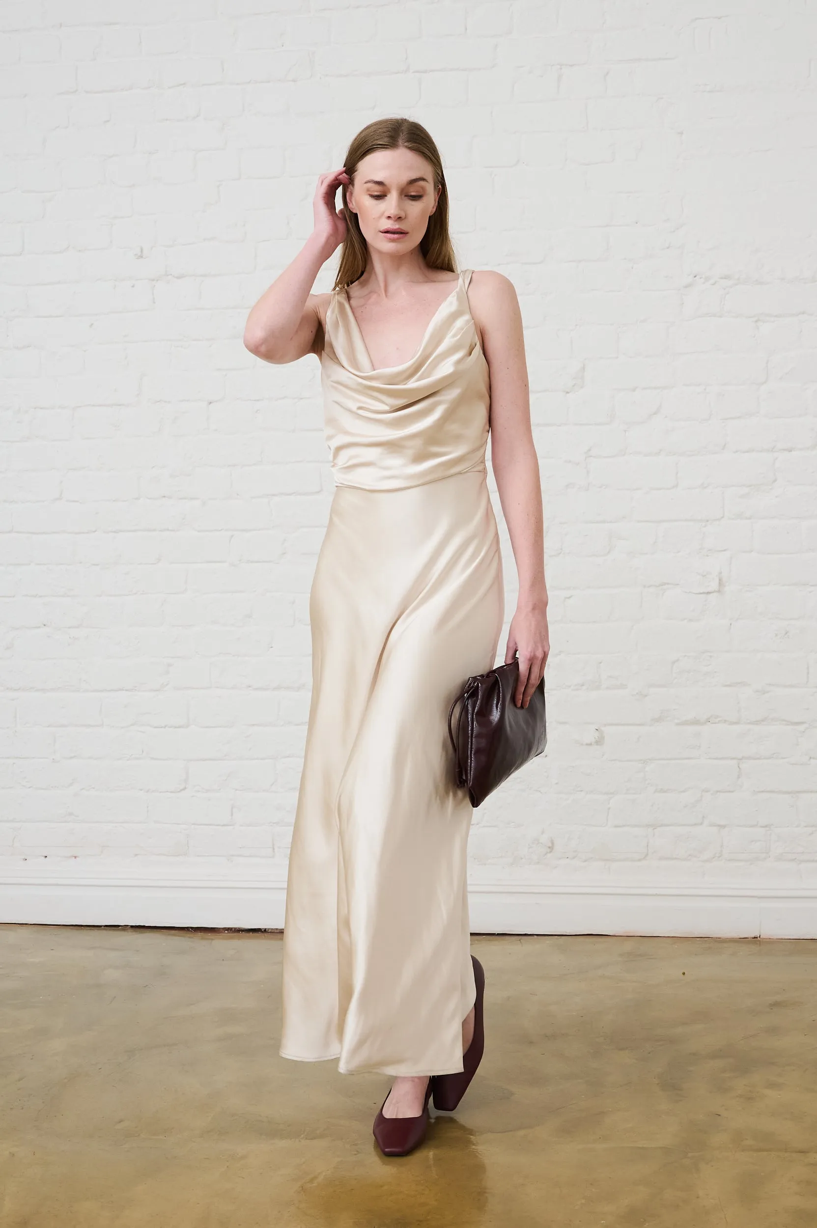 Cowl Neck Satin Dress in Champagne Striped-Pattern