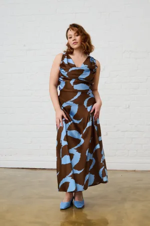 Cowl Neck Satin Dress in Choc Wave Refined Form Polished Fit