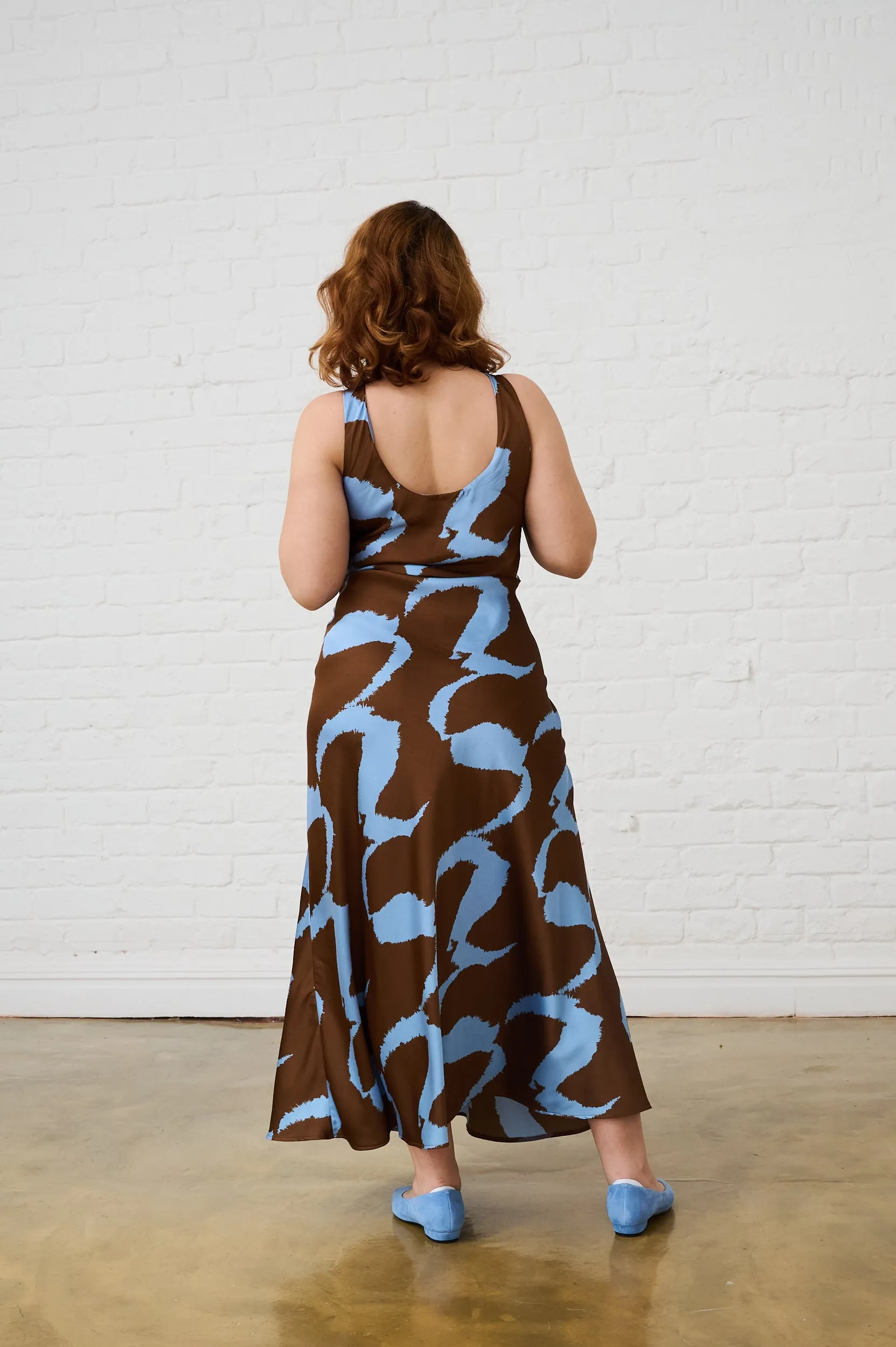 Simple Texture tailored look Cowl Neck Satin Dress in Choc Wave