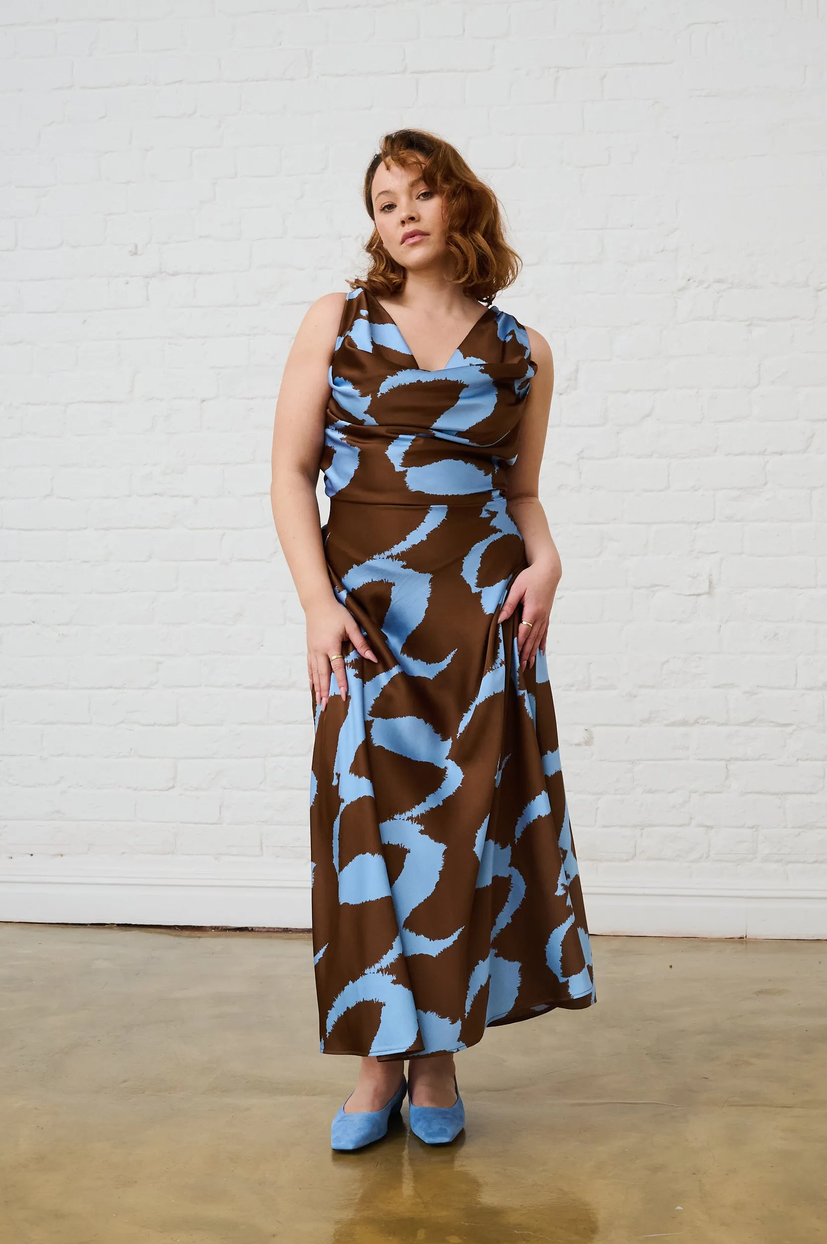 Cowl Neck Satin Dress in Choc Wave Refined Form Polished Fit