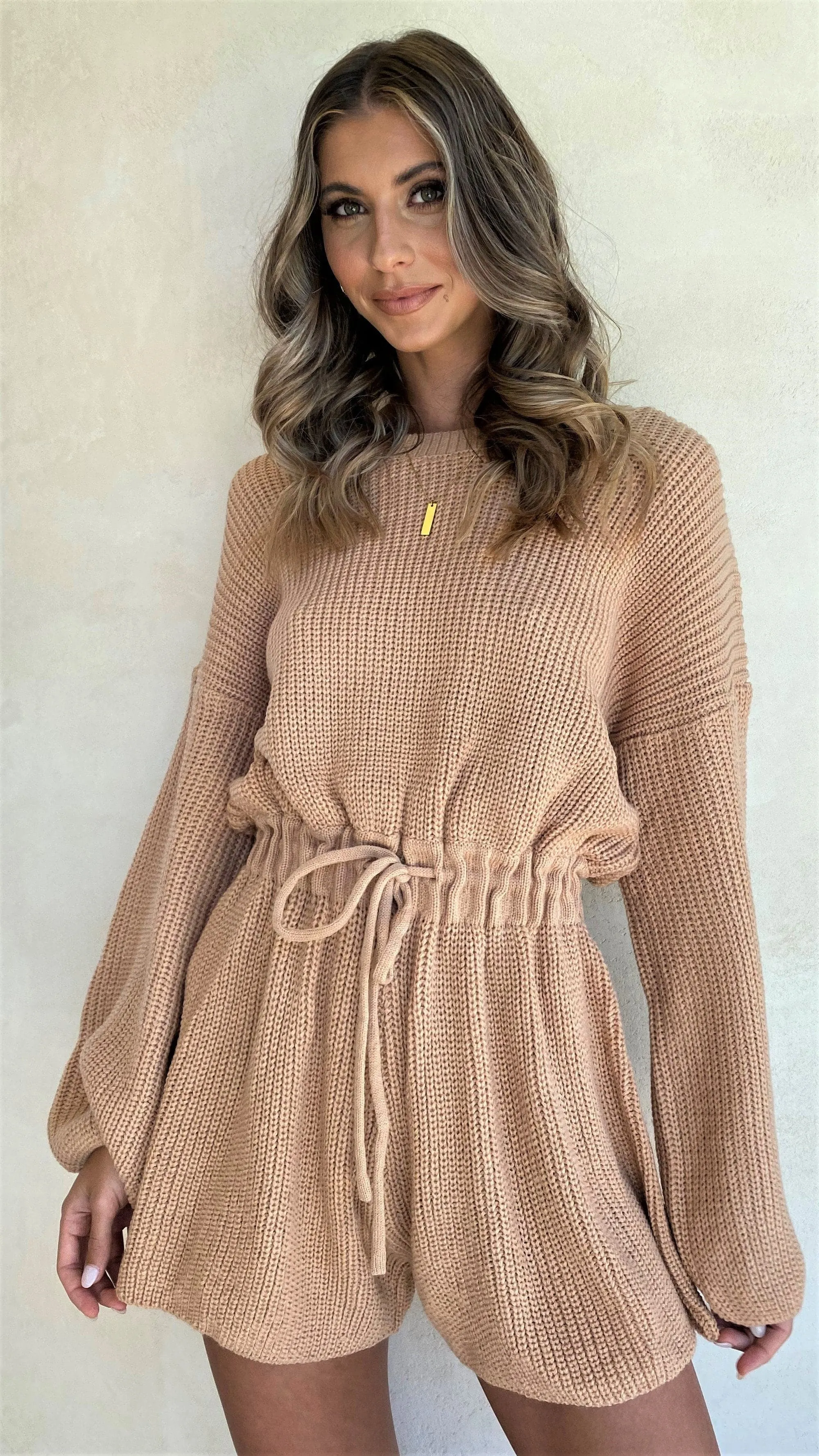 Sol Knit Playsuit - Camel Ribbed Detailing