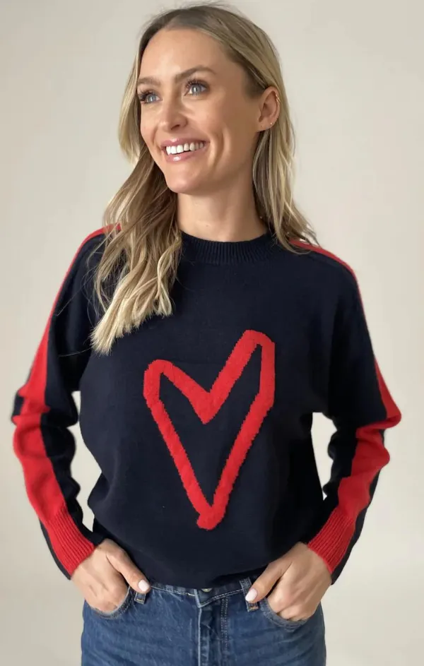 Lottie Striped Heart Sweater Cold Season Ribbed Collar Detail