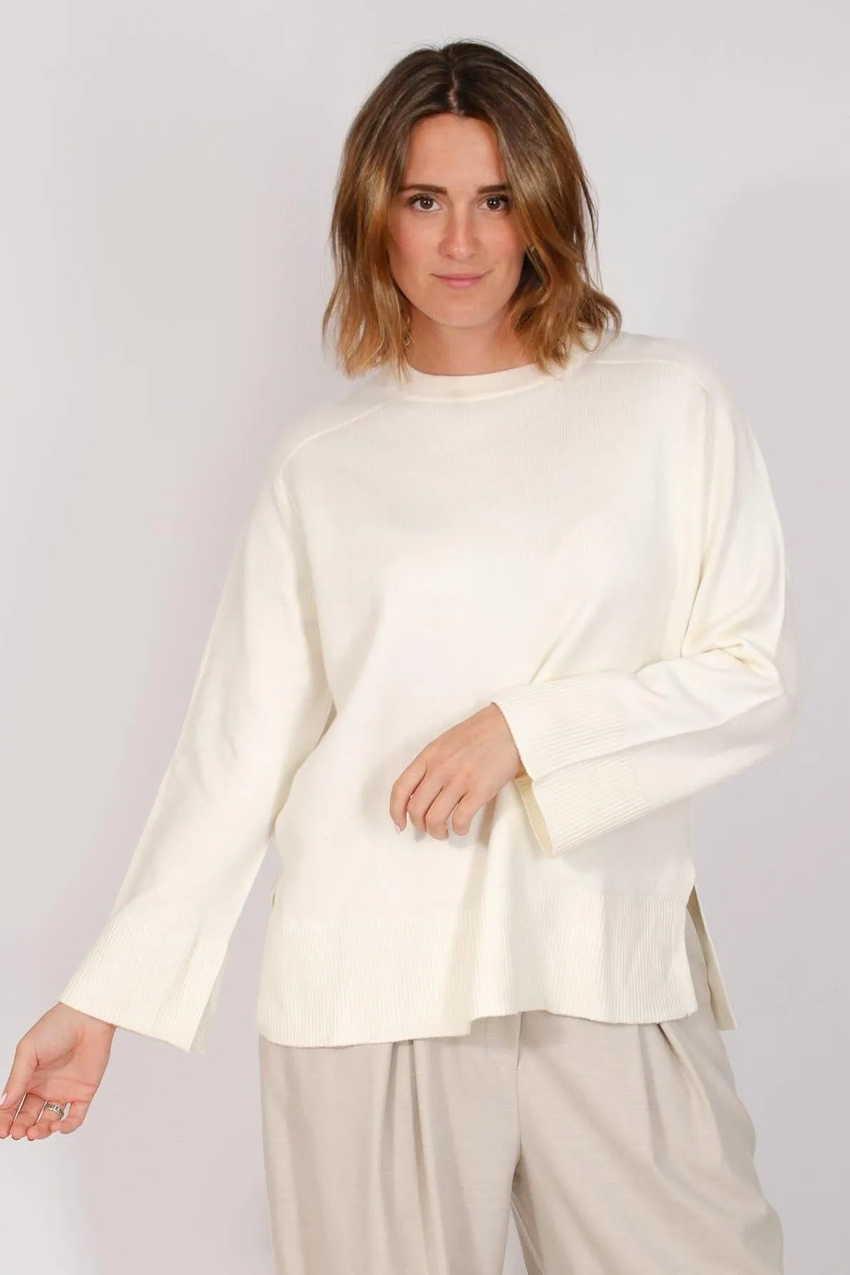 Cream Soft Crew Neck Jumper DoubleLayered Edging
