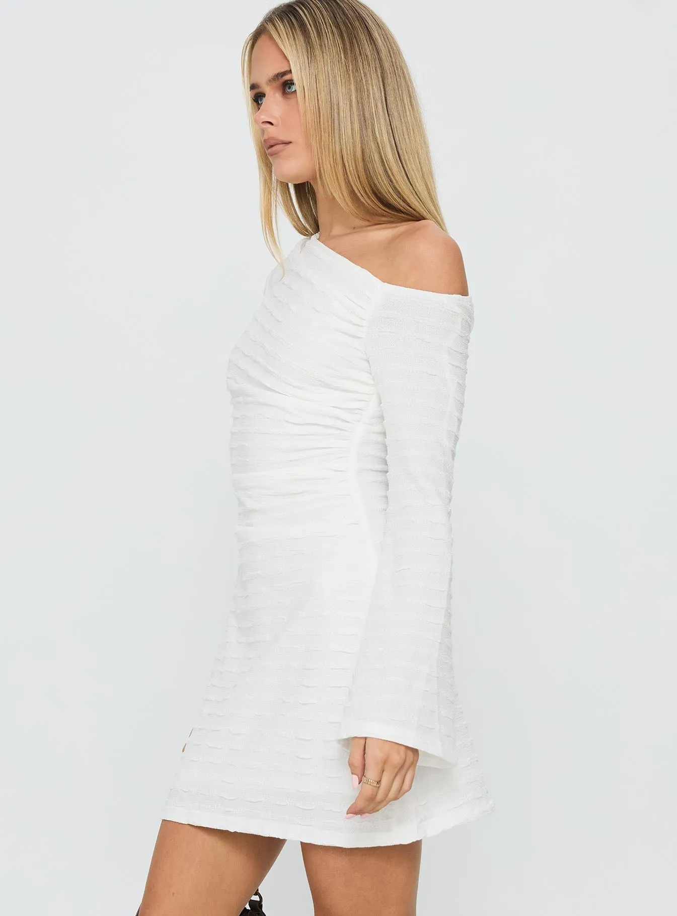 Delicate Details Signature-Style Crescent Long Sleeve Mini Dress White