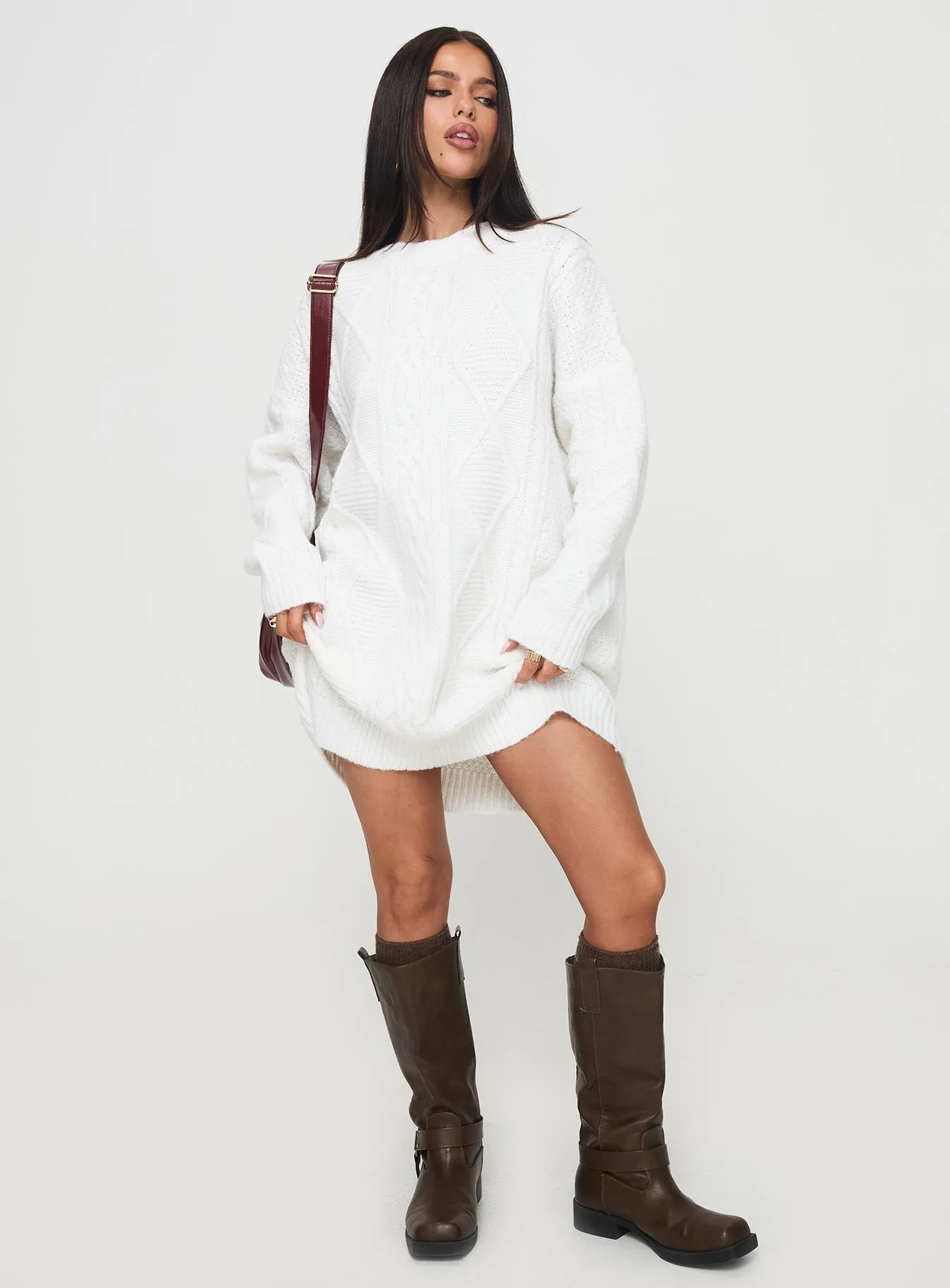 Canlish Sweater Mini Dress Cream Trendy Look Chic Tone