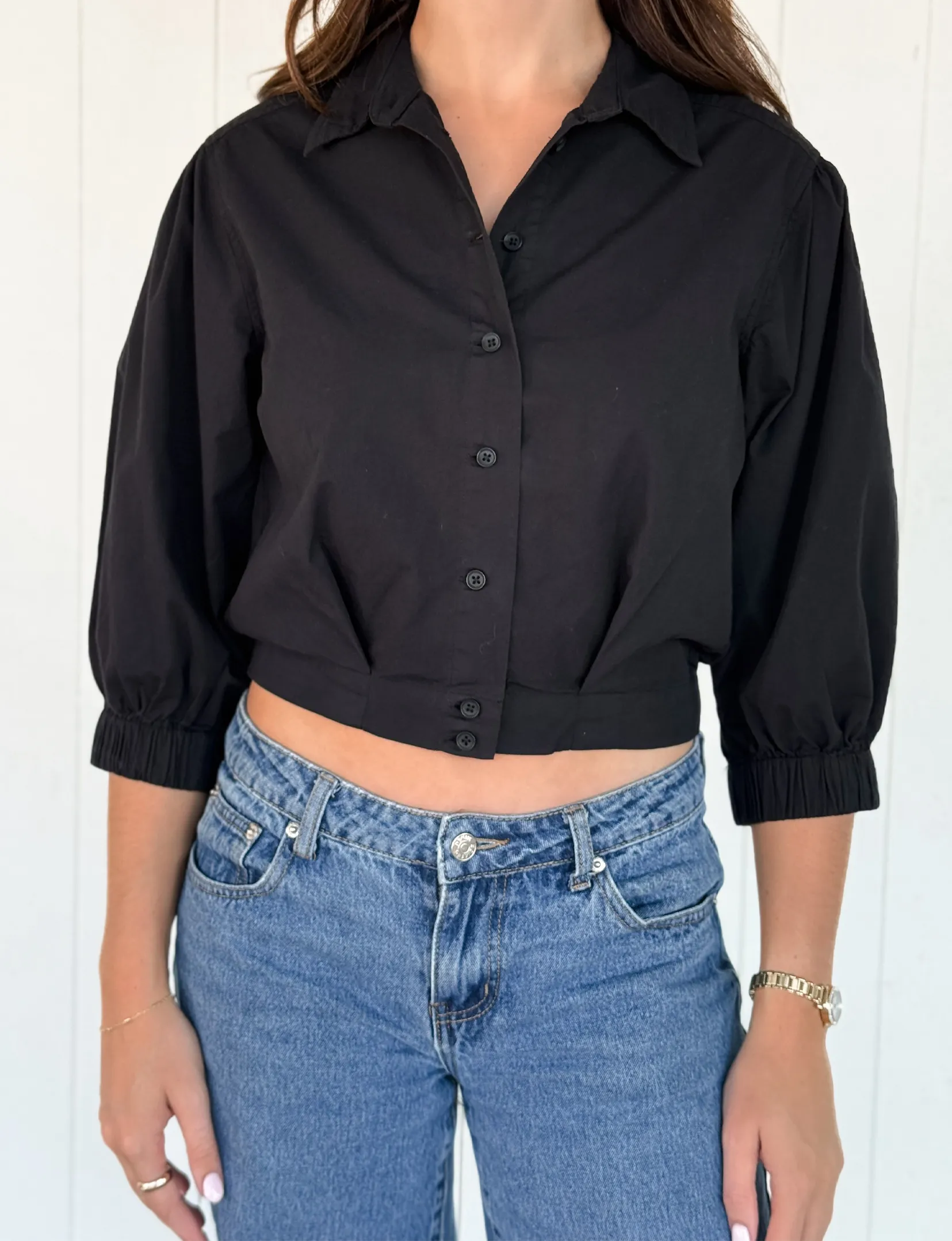 Cropped Puff Sleeve Shirt, Black Non Restrictive Fit