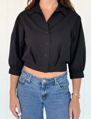 Cropped Puff Sleeve Shirt, Black Non Restrictive Fit