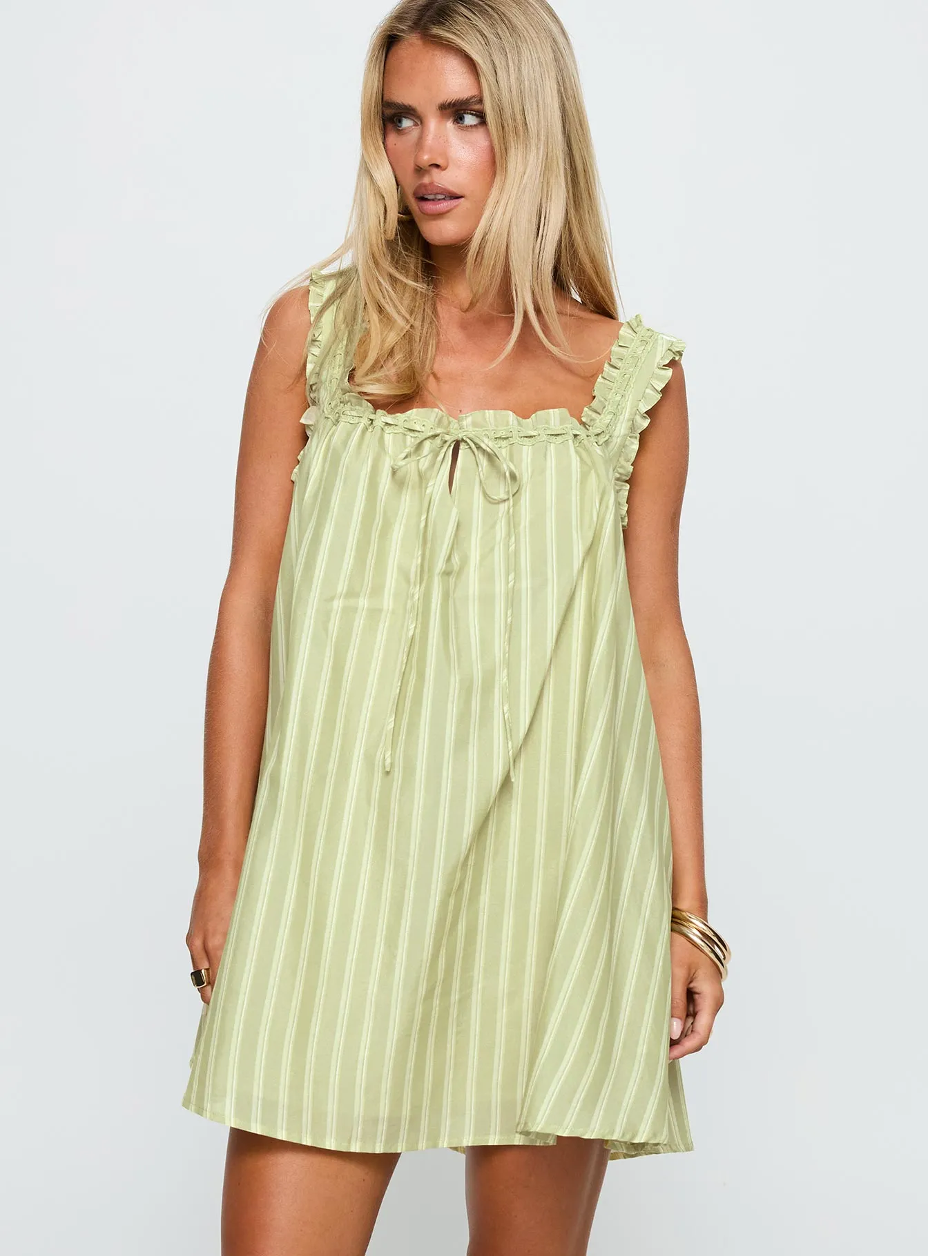 Romantic-Detail Swing Mini Dress Green Stripe