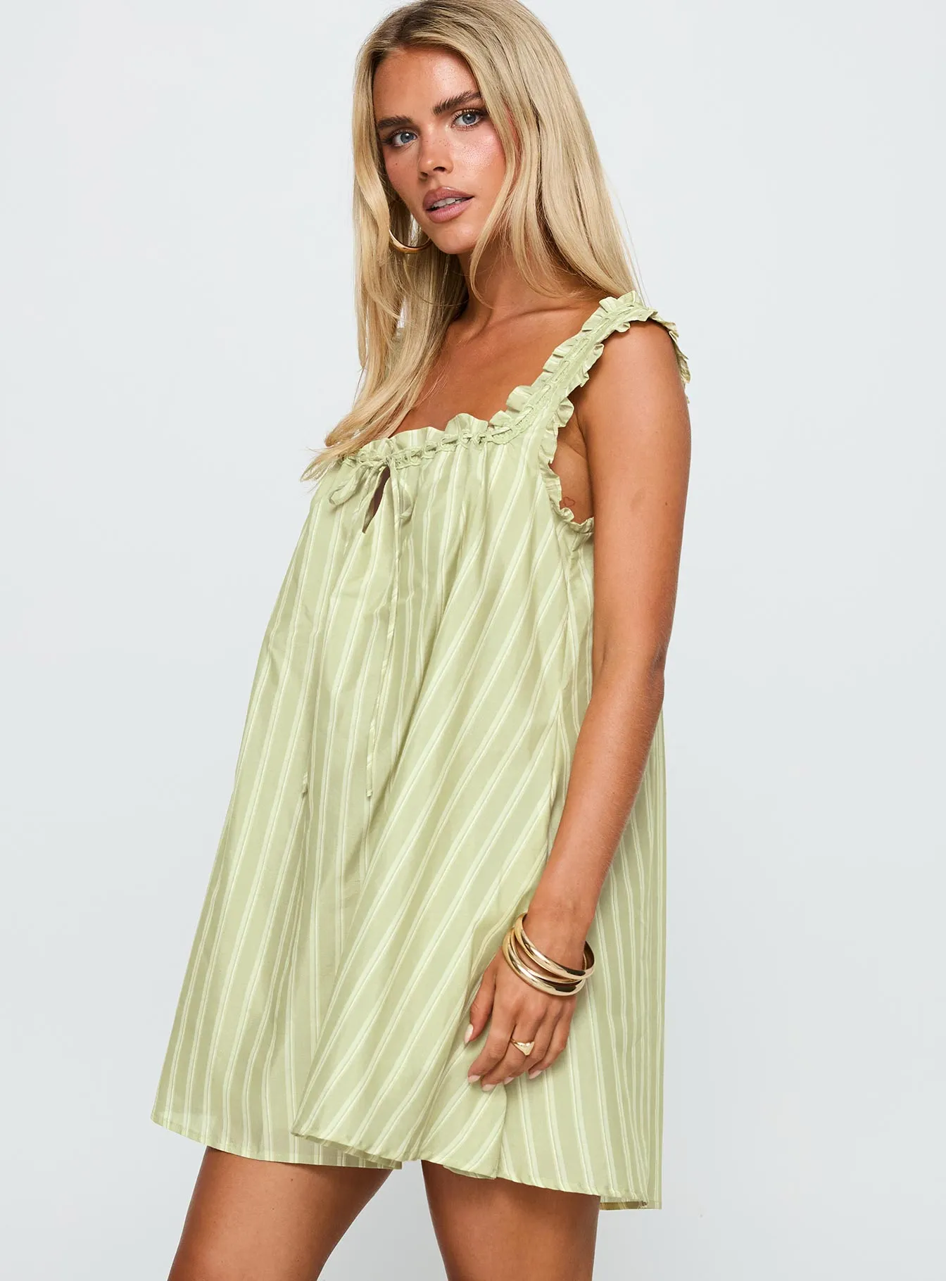 Day Romance Swing Mini Dress Green Stripe