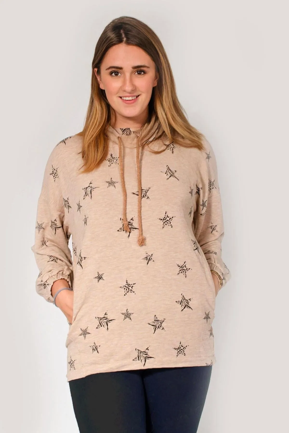 Star Print Sweatshirt Reinforced Neckline Dimensional Stability