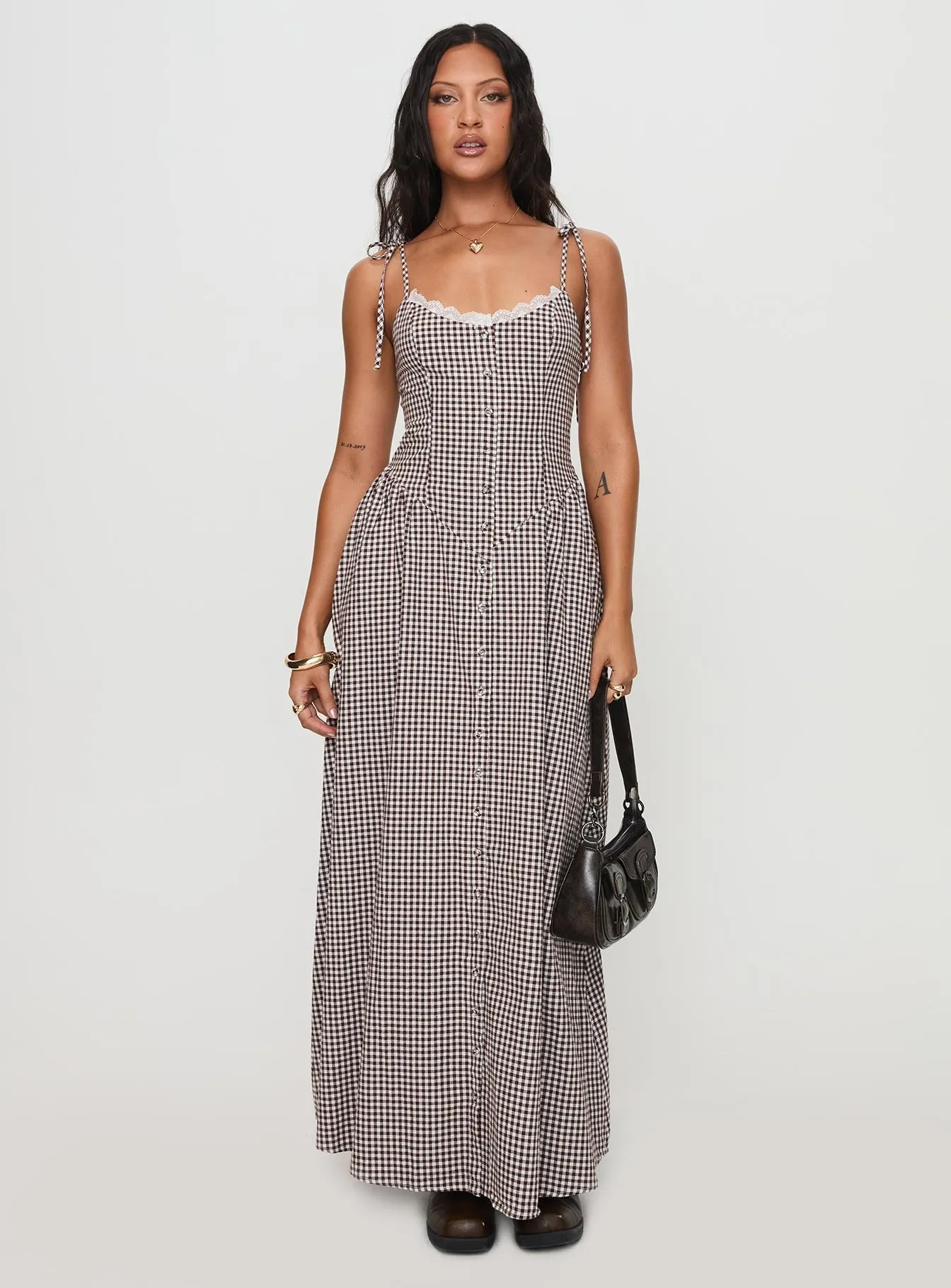 Lunch Date Dalanie Tie Strap Maxi Dress Brown Gingham Petite