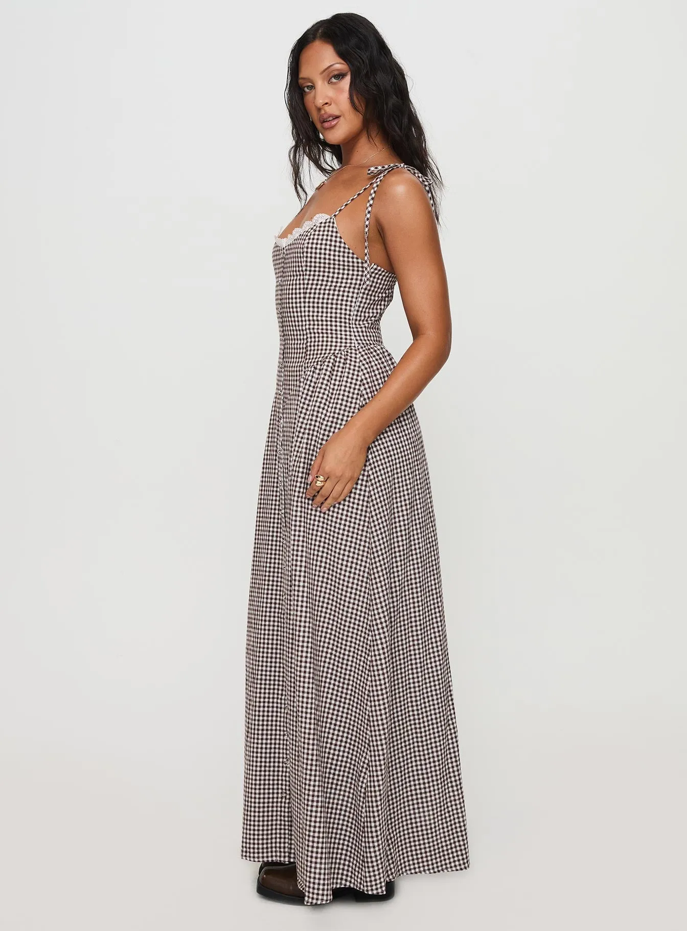 Street-Style Dalanie Tie Strap Maxi Dress Brown Gingham