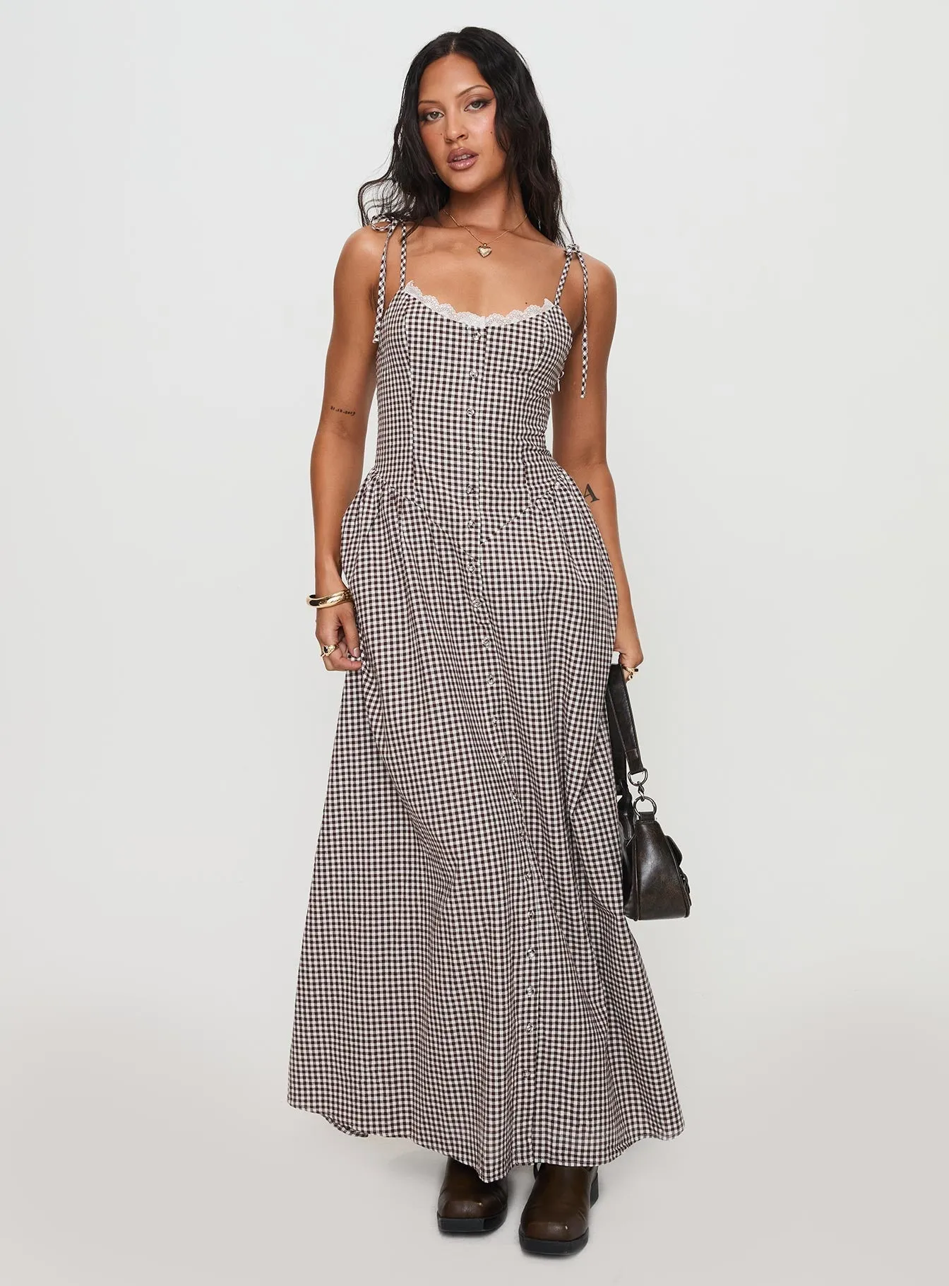 Hook-And-Eye Rooftop-Event Dalanie Tie Strap Maxi Dress Brown Gingham