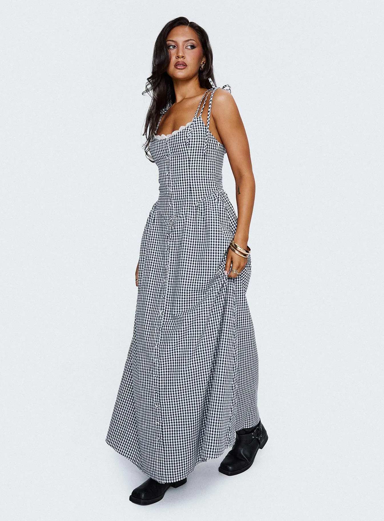 Garden Fresh Fashion Mix Dalanie Tie Strap Maxi Dress Navy Gingham