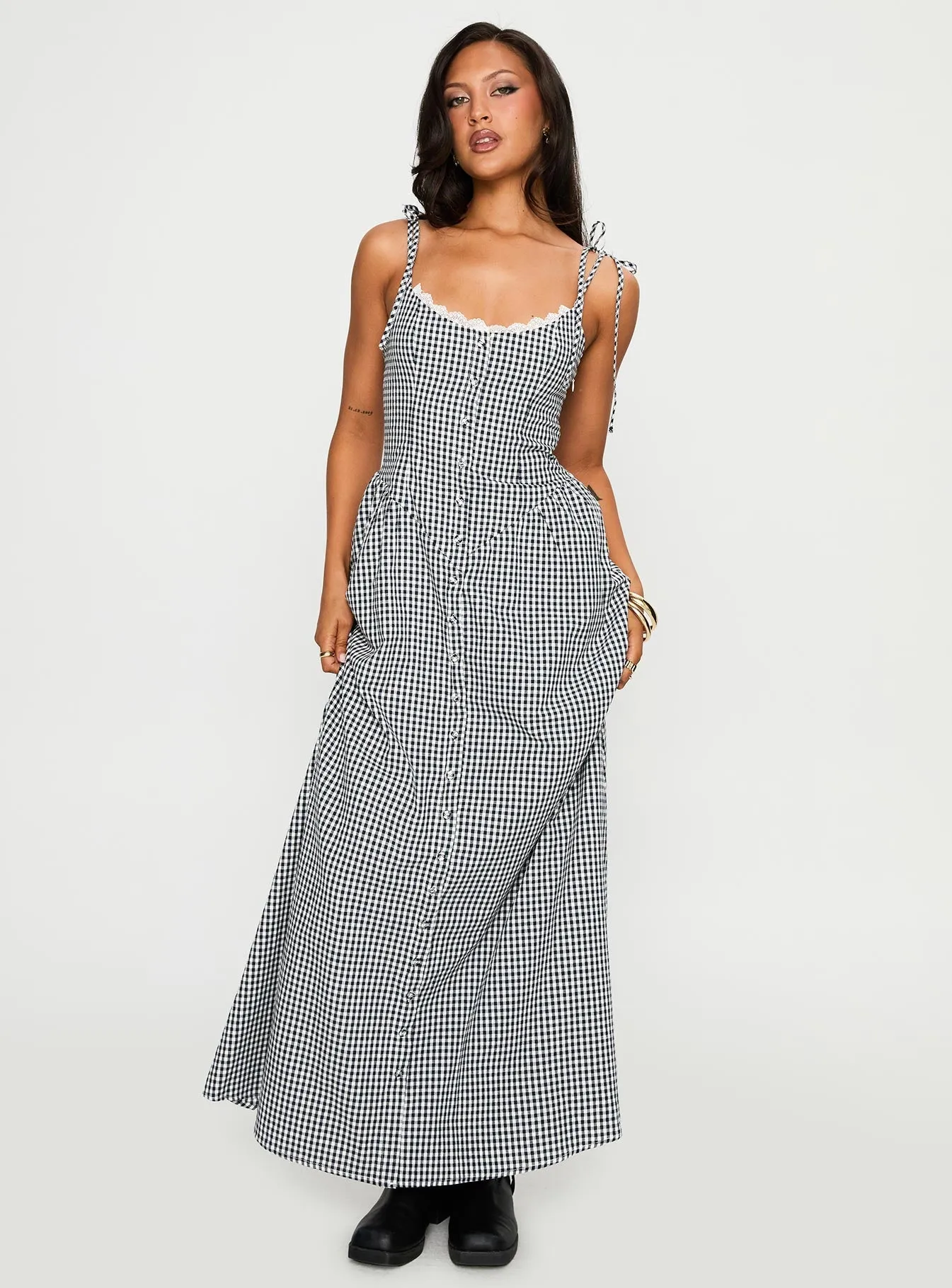Relax Layers Classic Waistband Dalanie Tie Strap Maxi Dress Navy Gingham