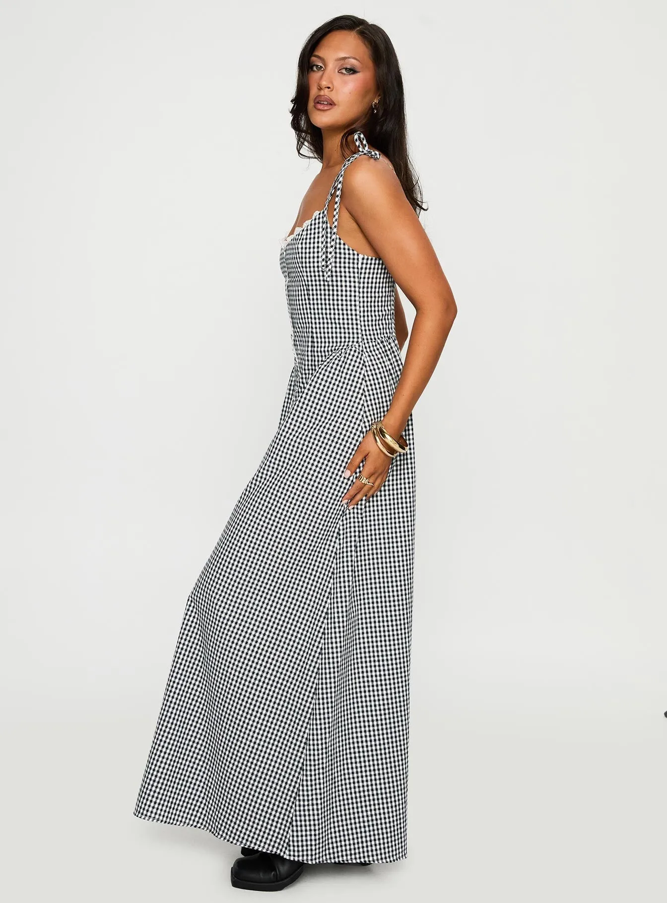 Tailored Wear Formal dinner wear Dalanie Tie Strap Maxi Dress Navy Gingham