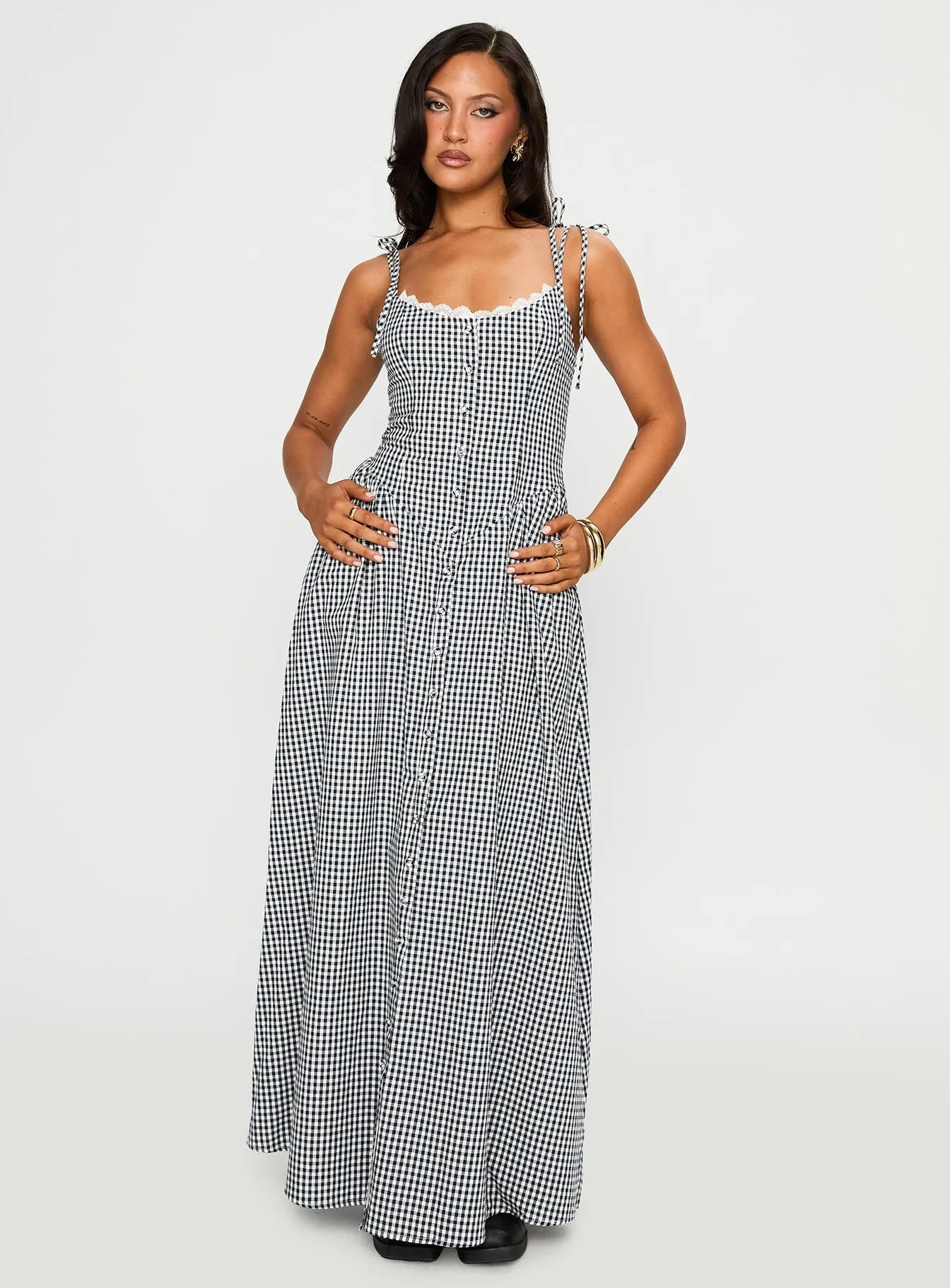 Dalanie Tie Strap Maxi Dress Navy Gingham Refined Cut Glam Feel