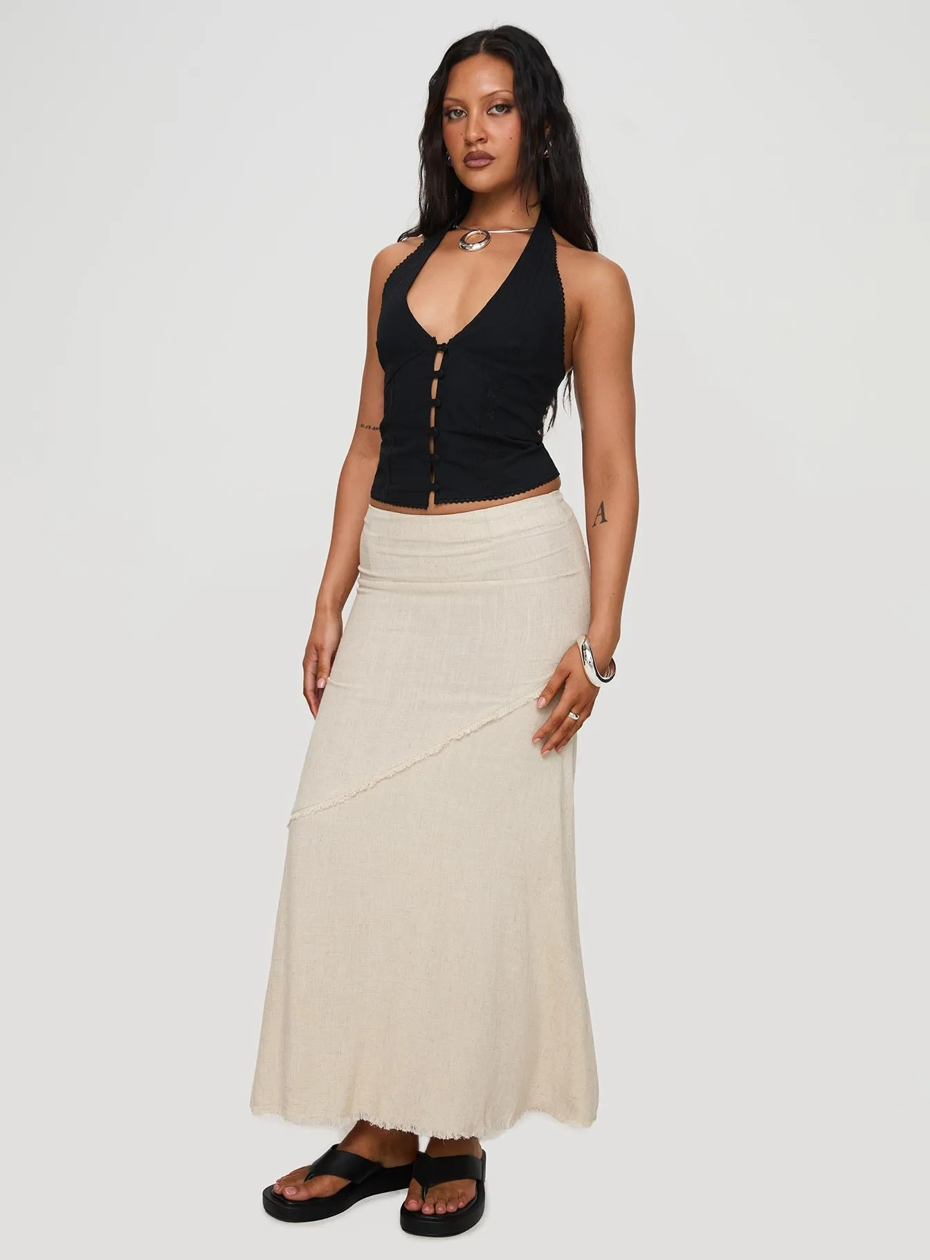 Water Repellent Damonica Linen Maxi Skirt Beige