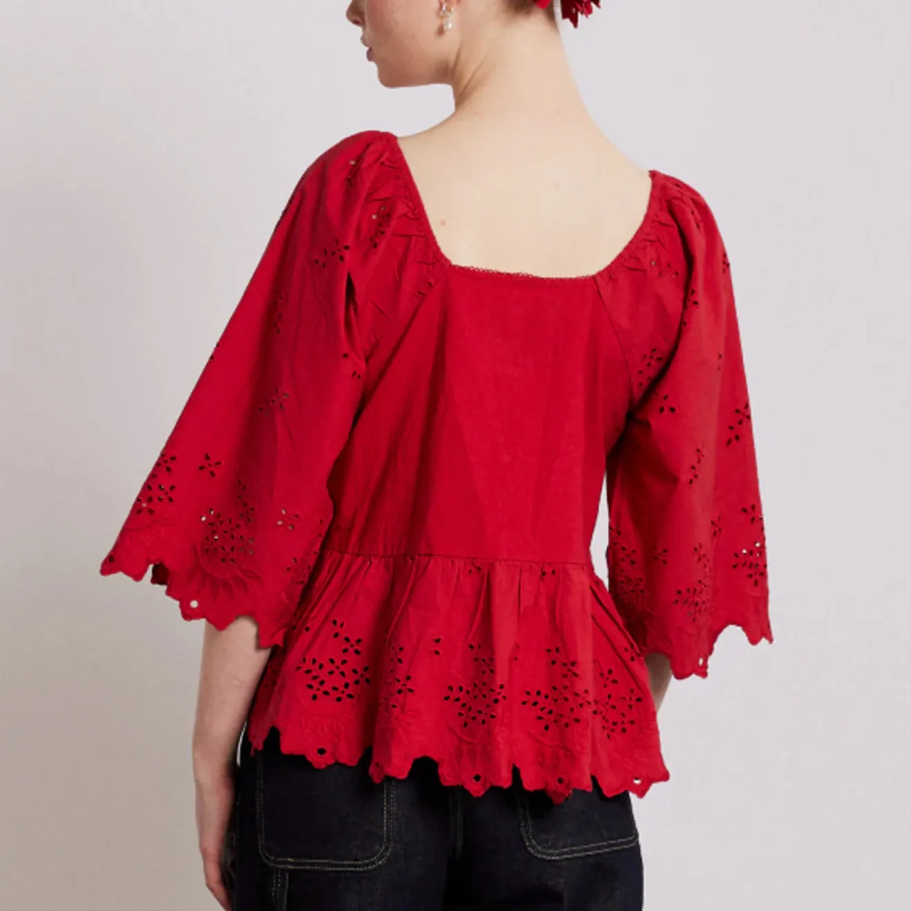 FadeResistantDye Warm Knit Damson Madder Lana Blouse Red Broderie -