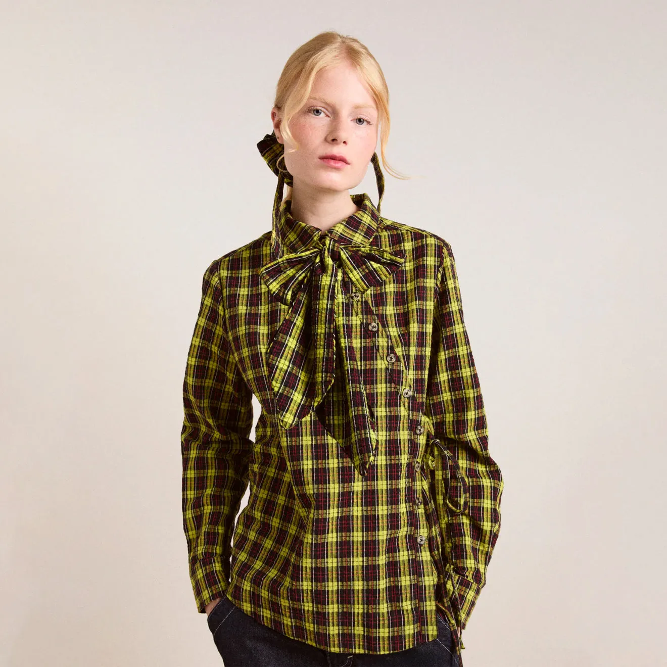 TumbleDry Safe Damson Madder Robyn Shirt With Removable Tie Yellow Check