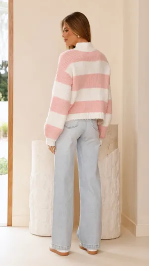 Office Casual Look Soft Palette Dante Knitted Sweater - White / Pink Stripe