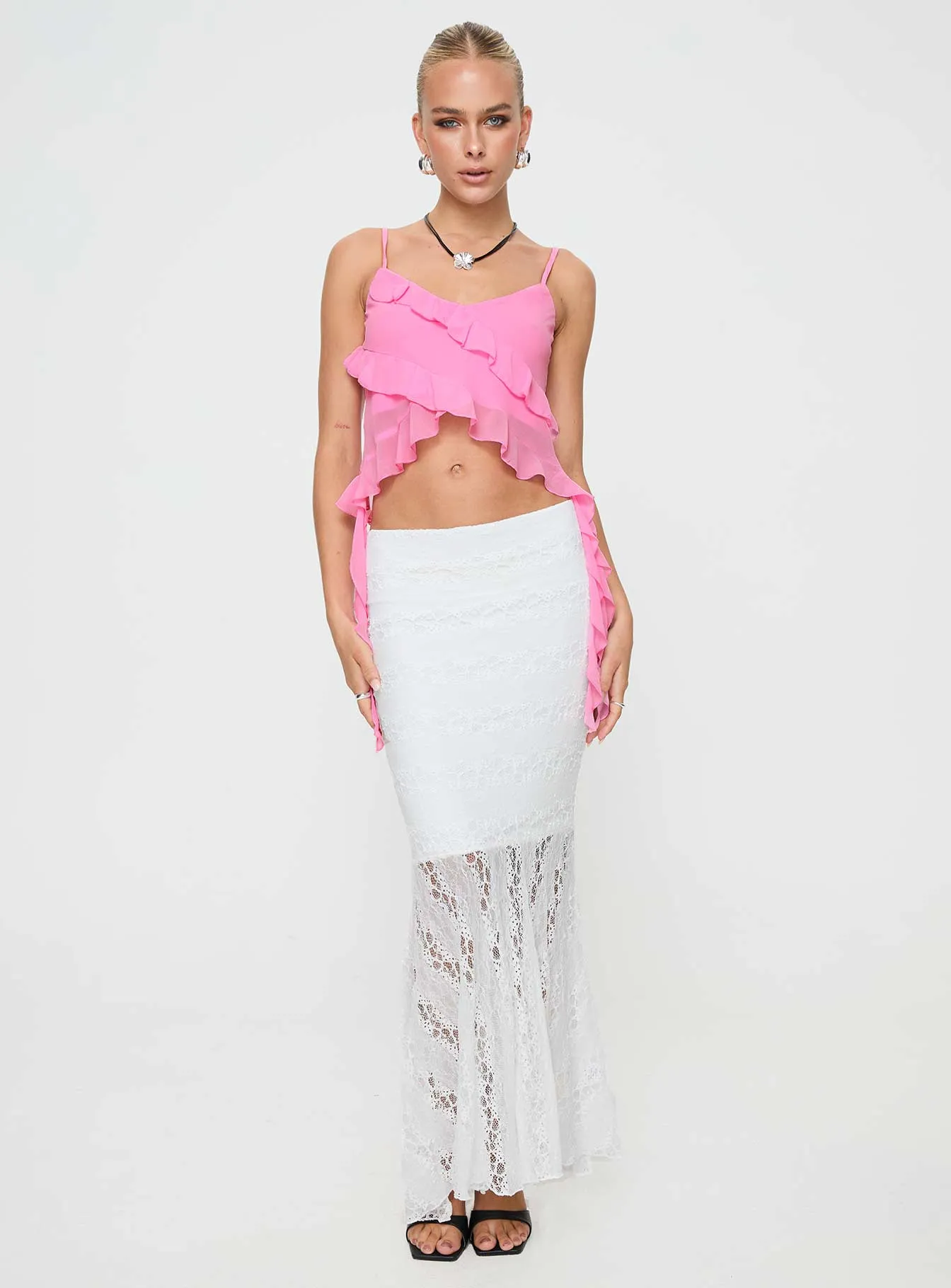 Flat Lay Collar Date Night Maxi Skirt White