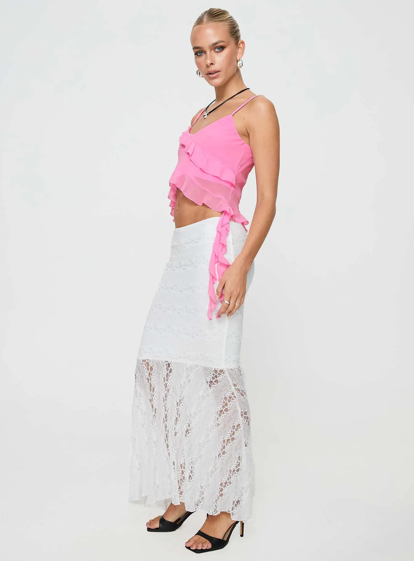 Breezy Edge perforated design Date Night Maxi Skirt White