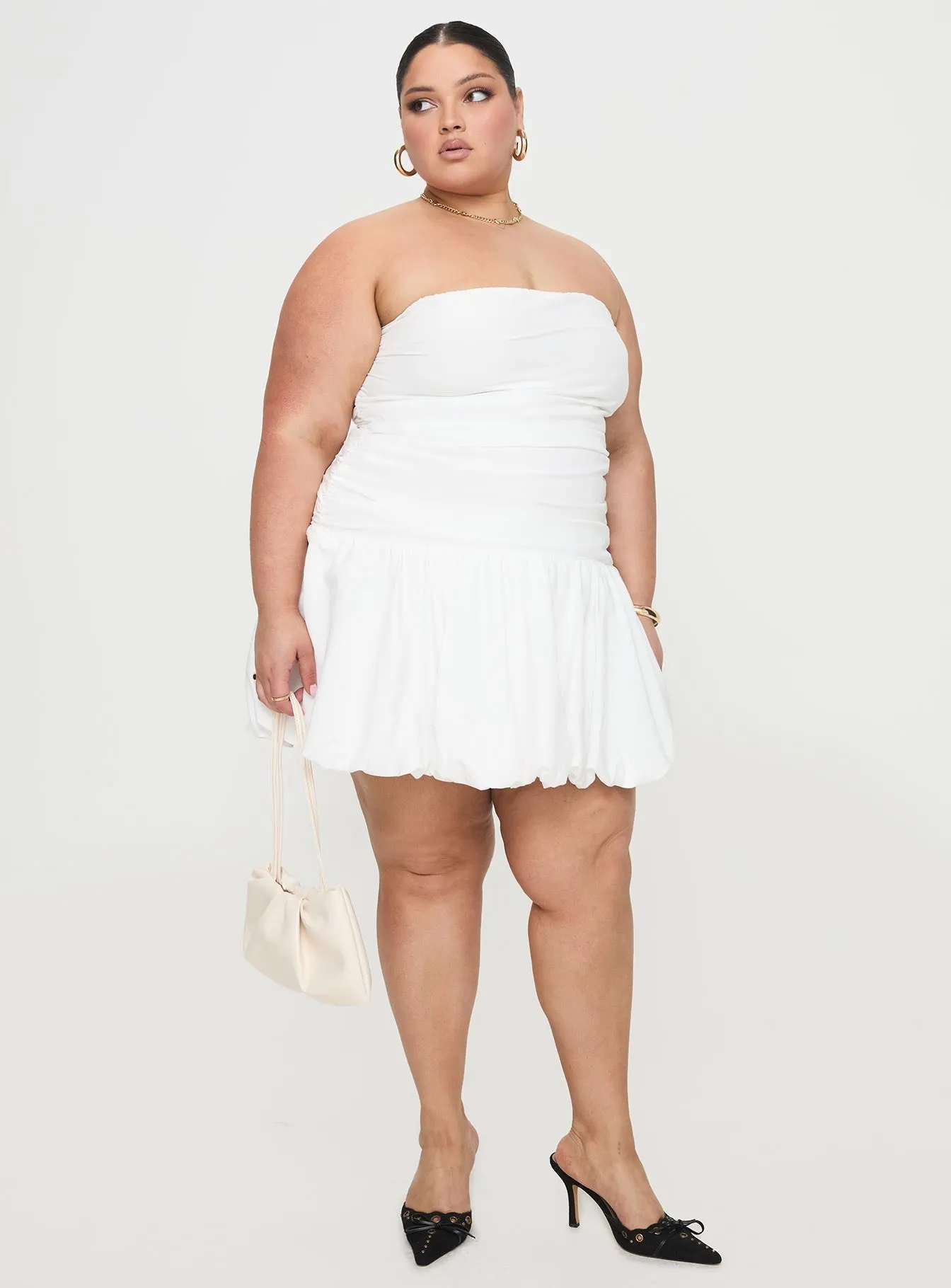 Light Comfort Glamour Girl Strapless Bubble Hem Mini Dress White Curve
