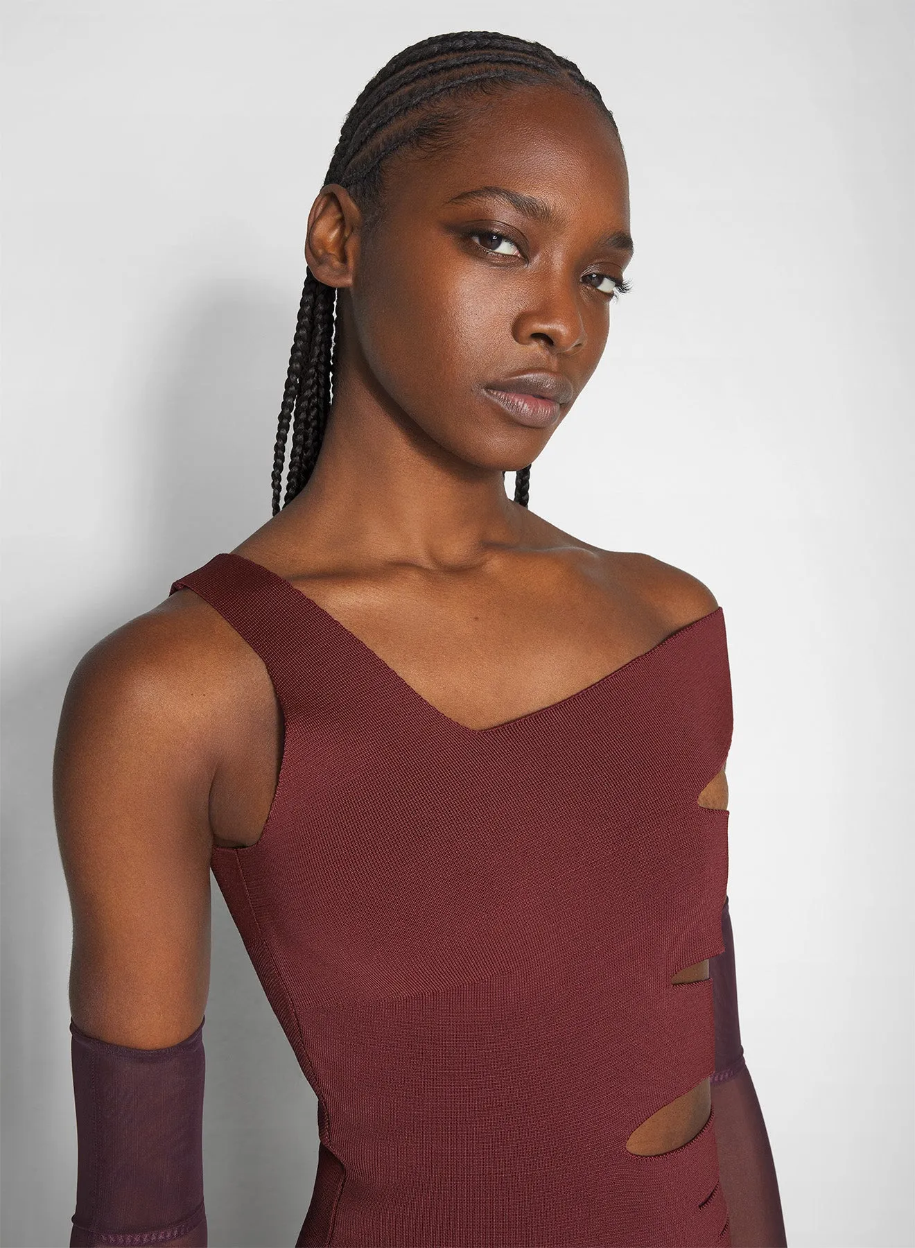 Elastic-Cuff burgundy bandage knit dress