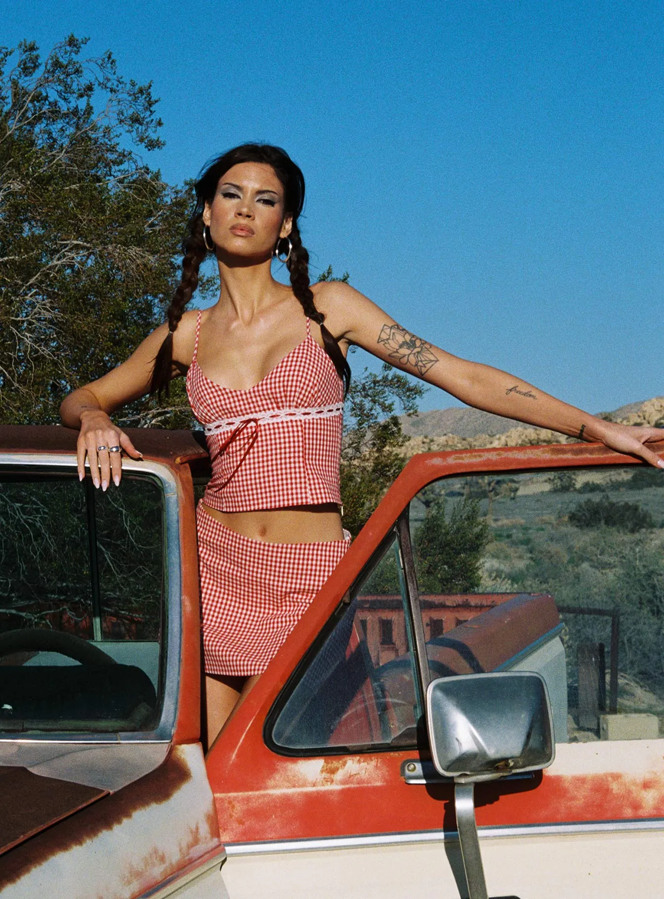 Layered Hem Daydreaming Gingham Set Red / White