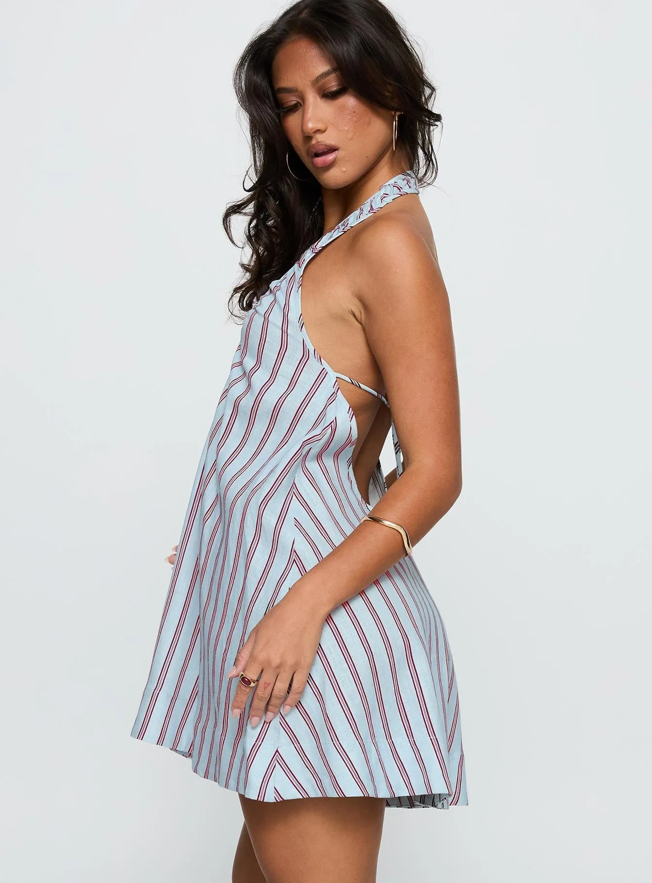Timeless Cut Daydreams Linen Blend Halter Mini Dress Blue / Maroon Stripe