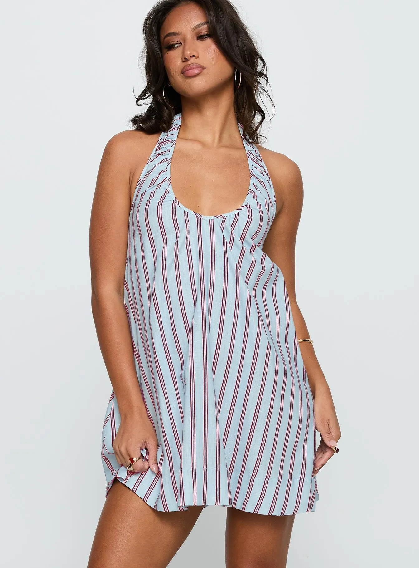 Waist-Cinching Daydreams Linen Blend Halter Mini Dress Blue / Maroon Stripe