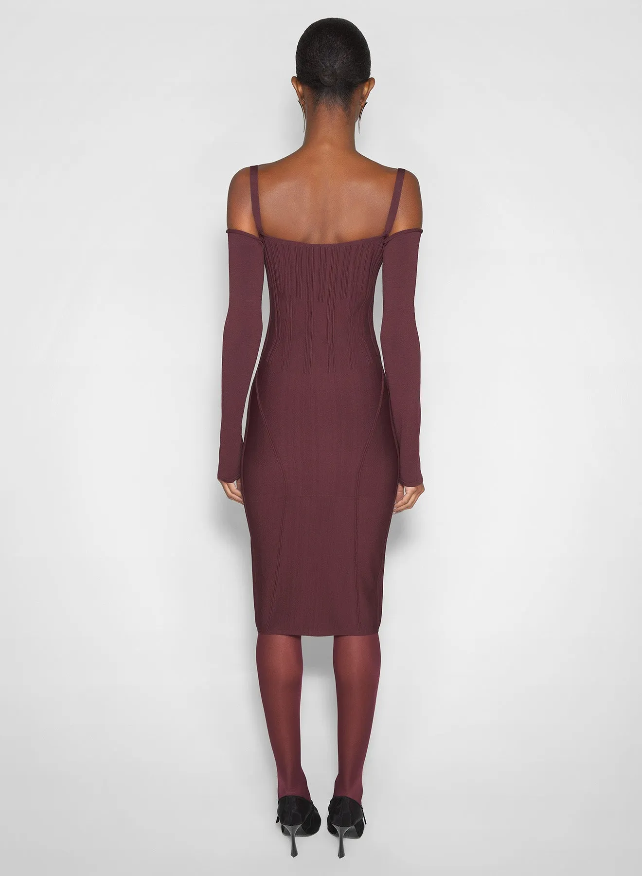 Trendy pick Flexible Waist burgundy boning detail knit dress