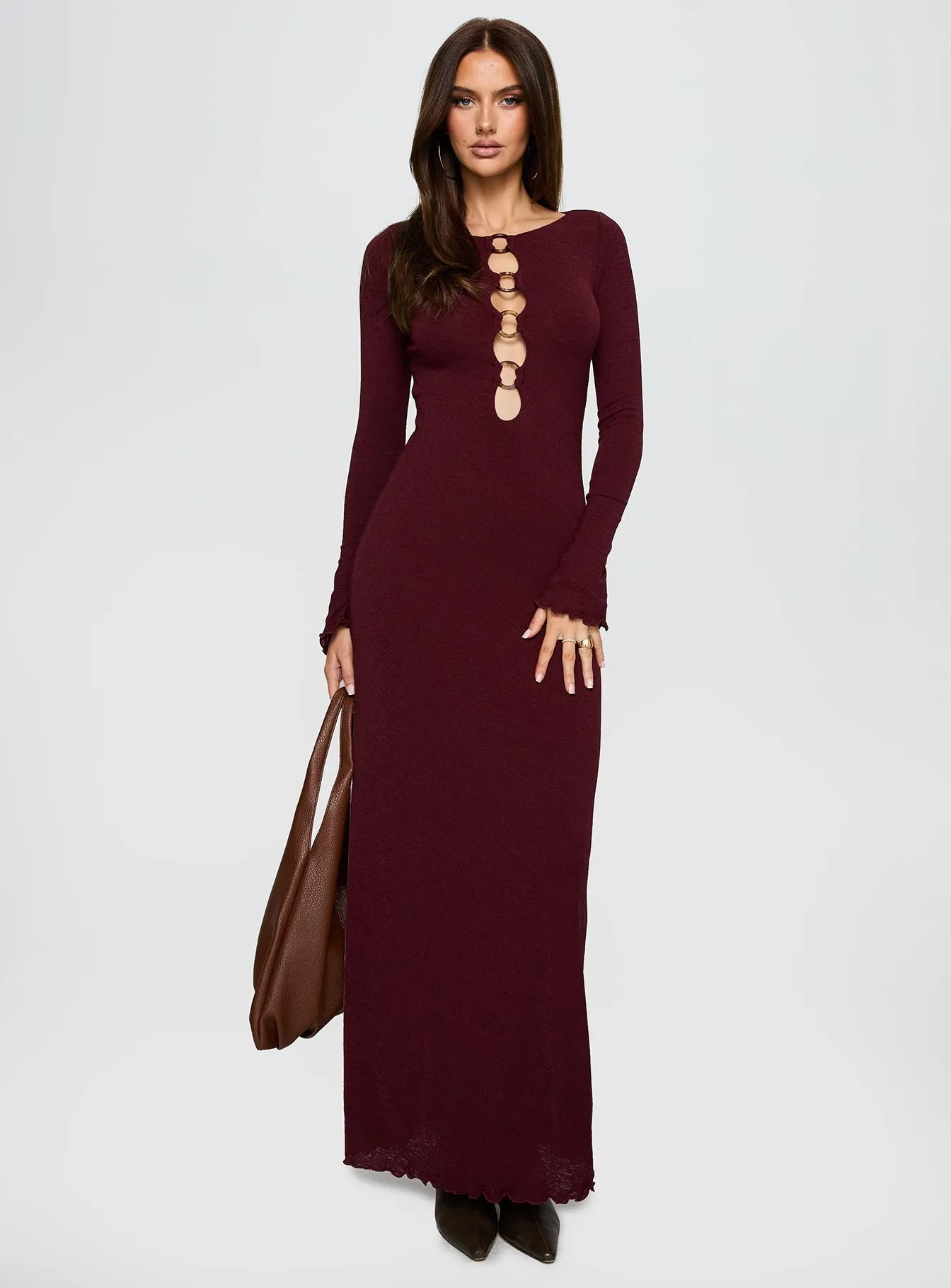 Dejonge Ring Long Sleeve Maxi Dress Currant Fresh Aesthetic High Neck