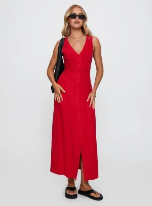 Summer Season Linen Blend Maxi Dress Red Balanced Fit