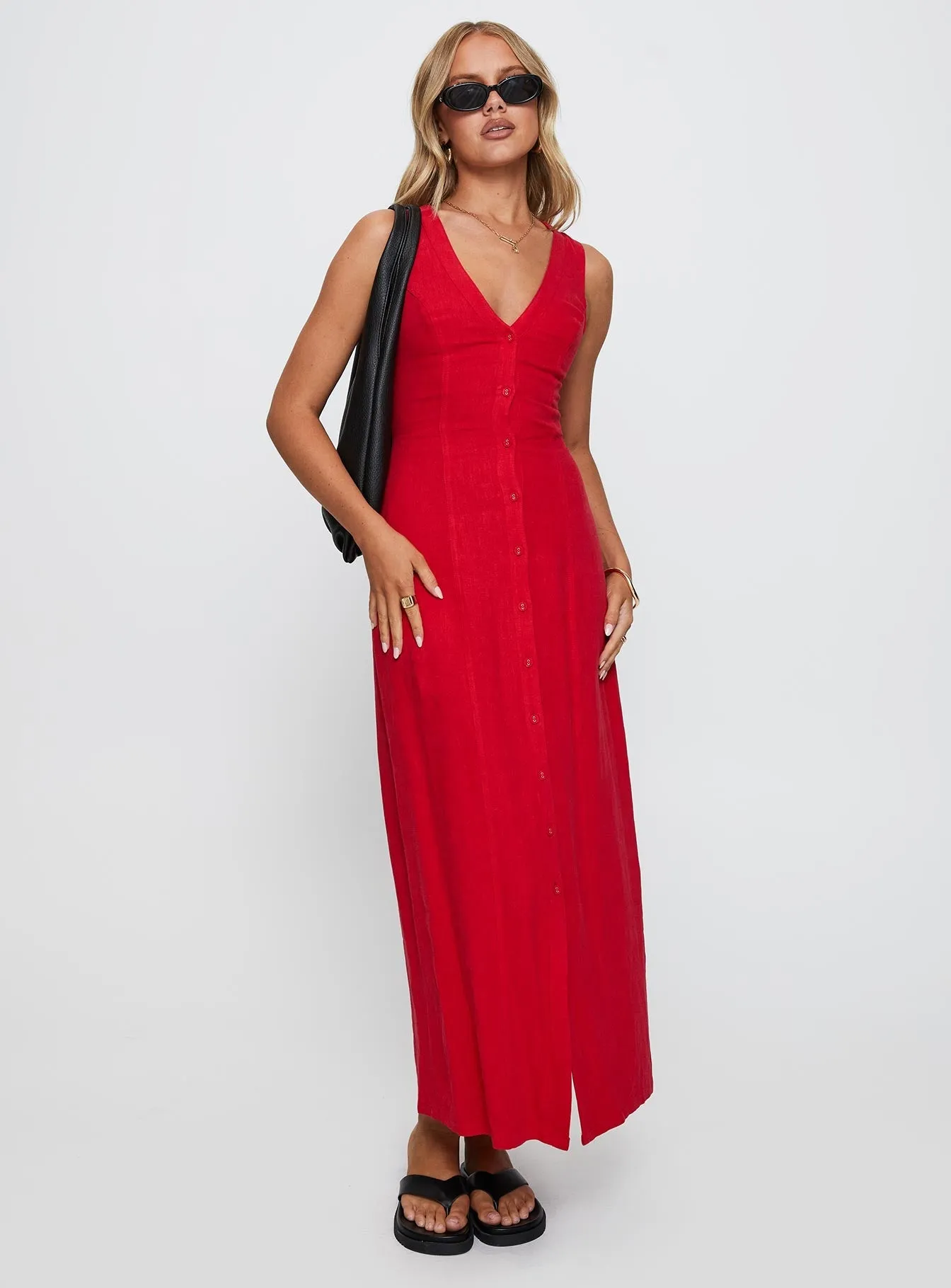 Summer Season Linen Blend Maxi Dress Red Polished Edge Comfy Style