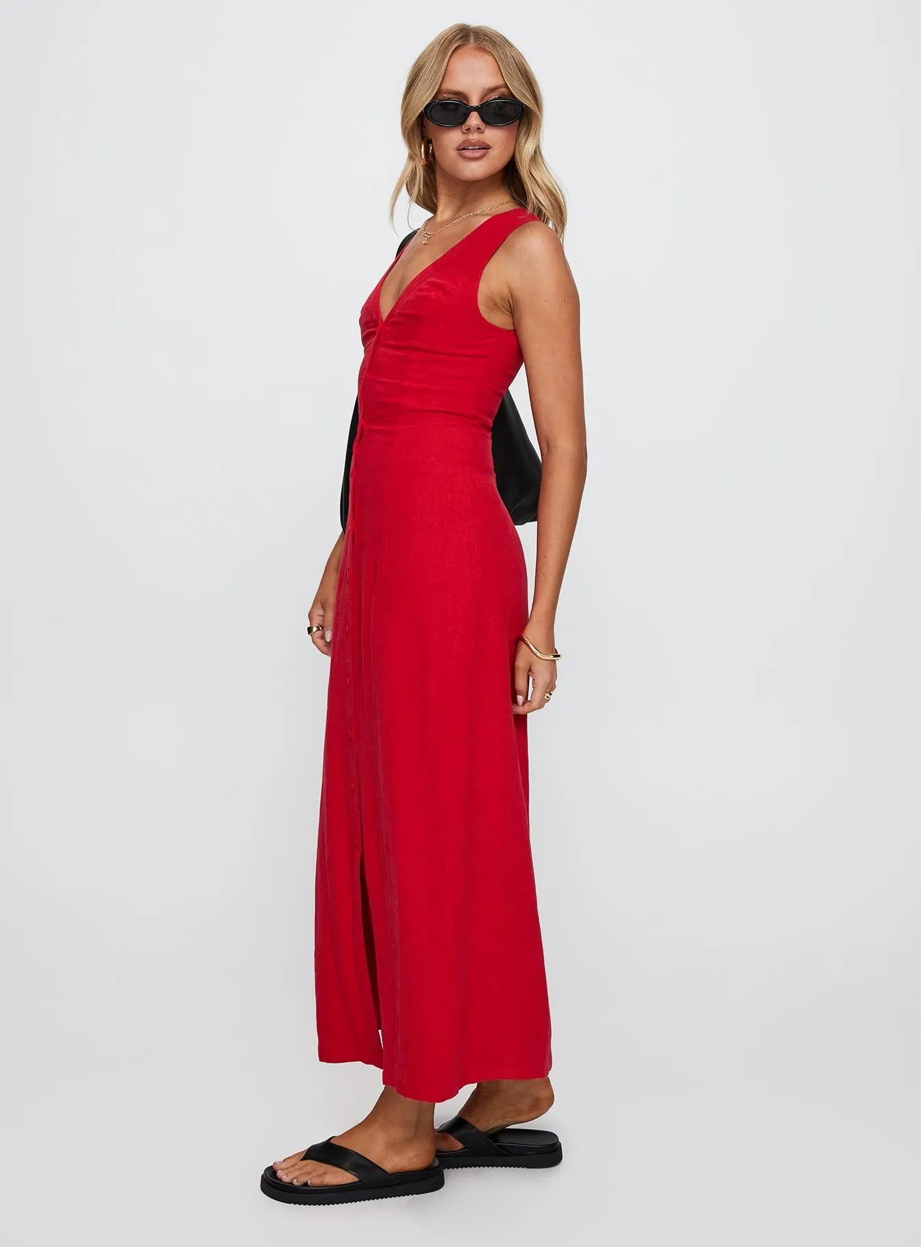 Summer Season Linen Blend Maxi Dress Red Clean Drape One Piece Look