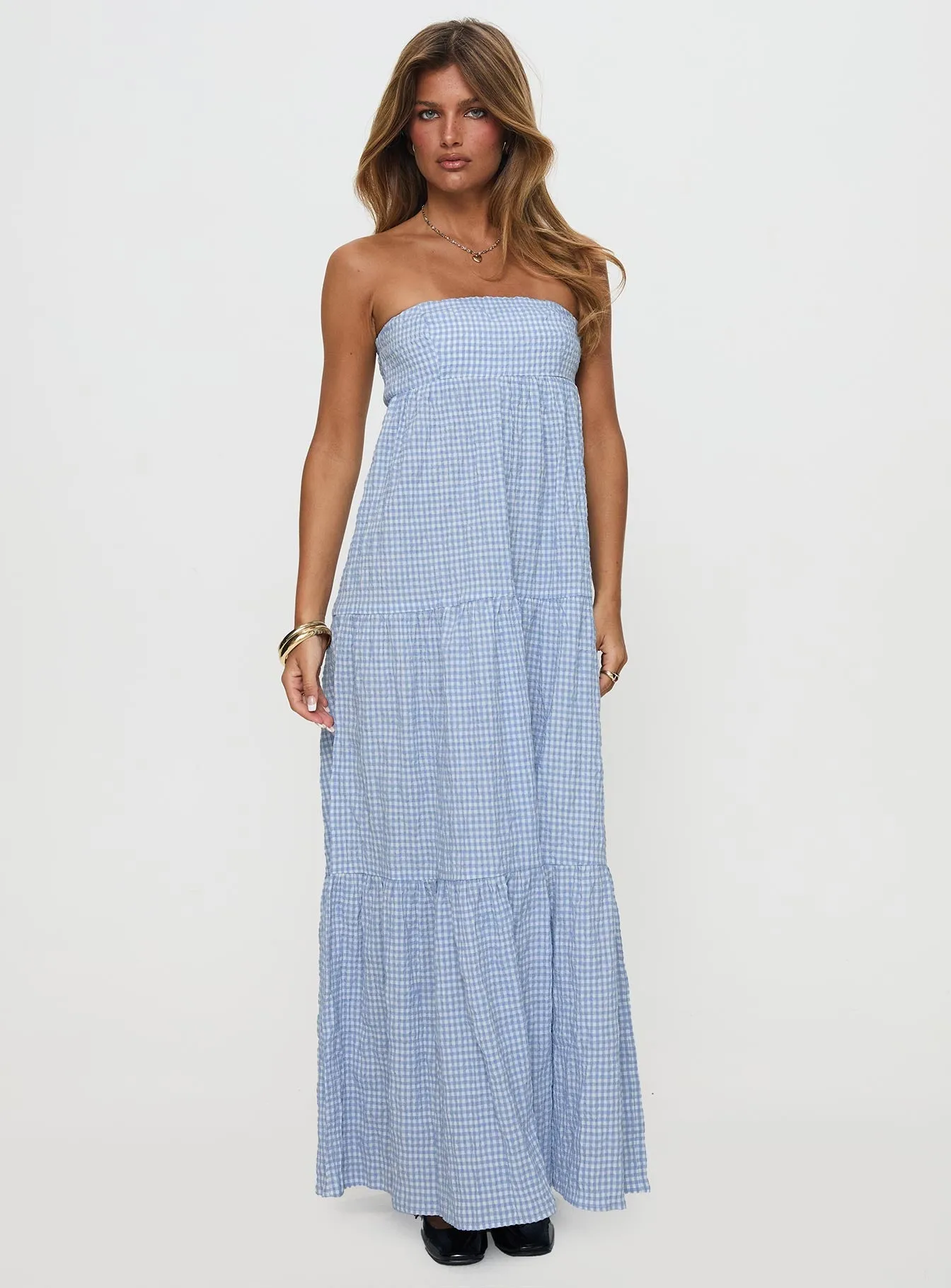 Statement Mood Wynnie Strapless Maxi Dress Blue Check